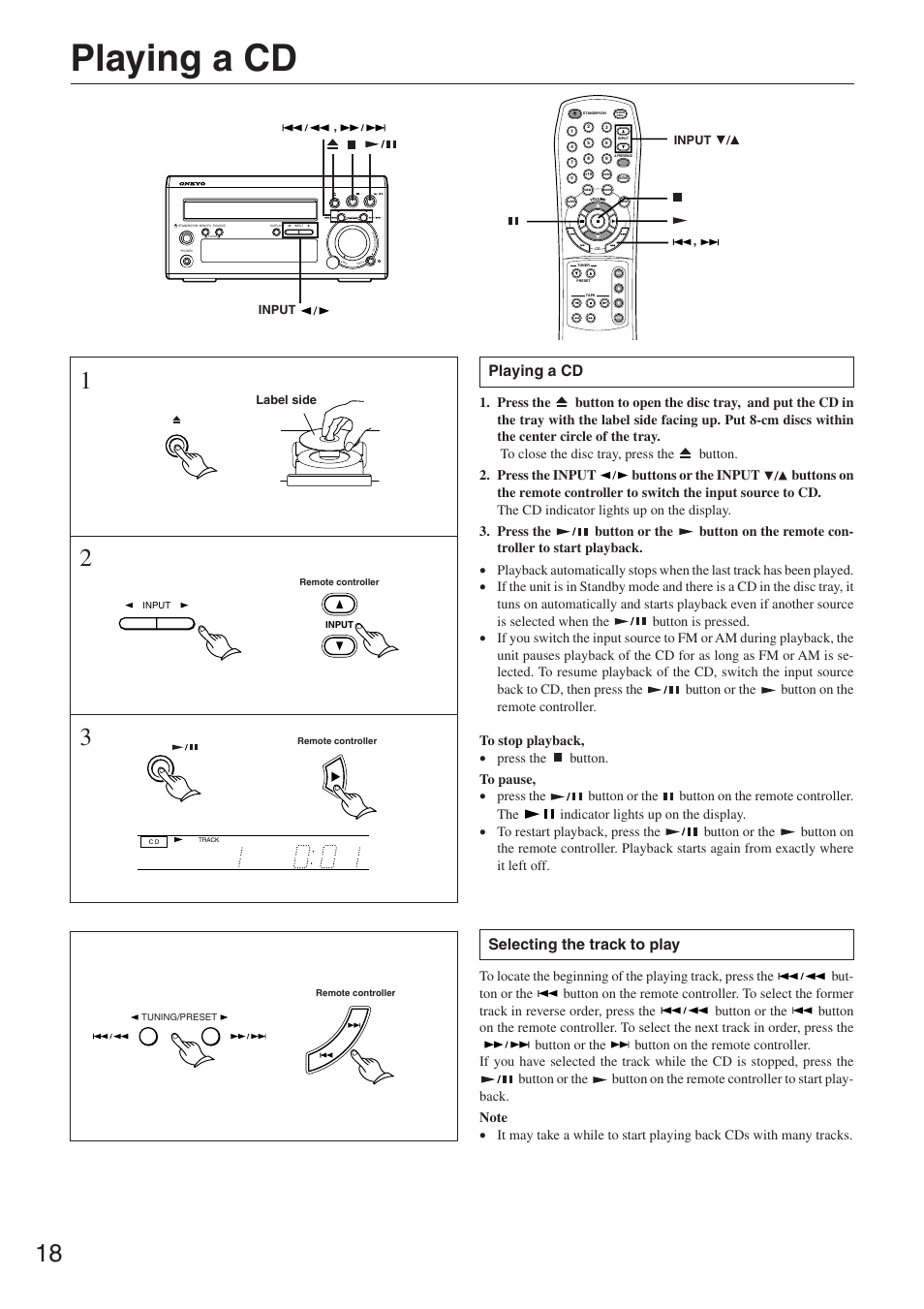 Playing a cd, Selecting the track to play | Onkyo CR-305FX User Manual | Page 18 / 36