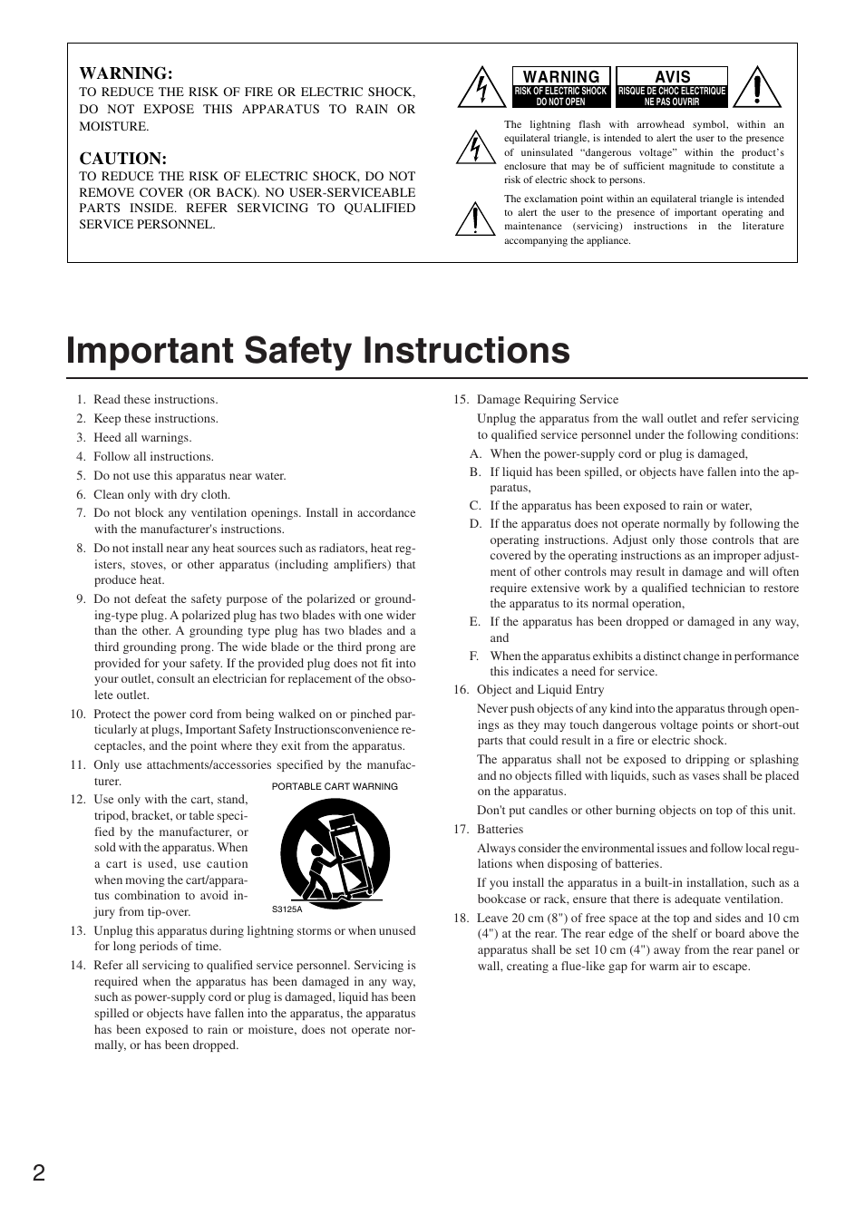 Important safety instructions, Before using, Warning | Caution, Avis | Onkyo CR-305FX User Manual | Page 2 / 36