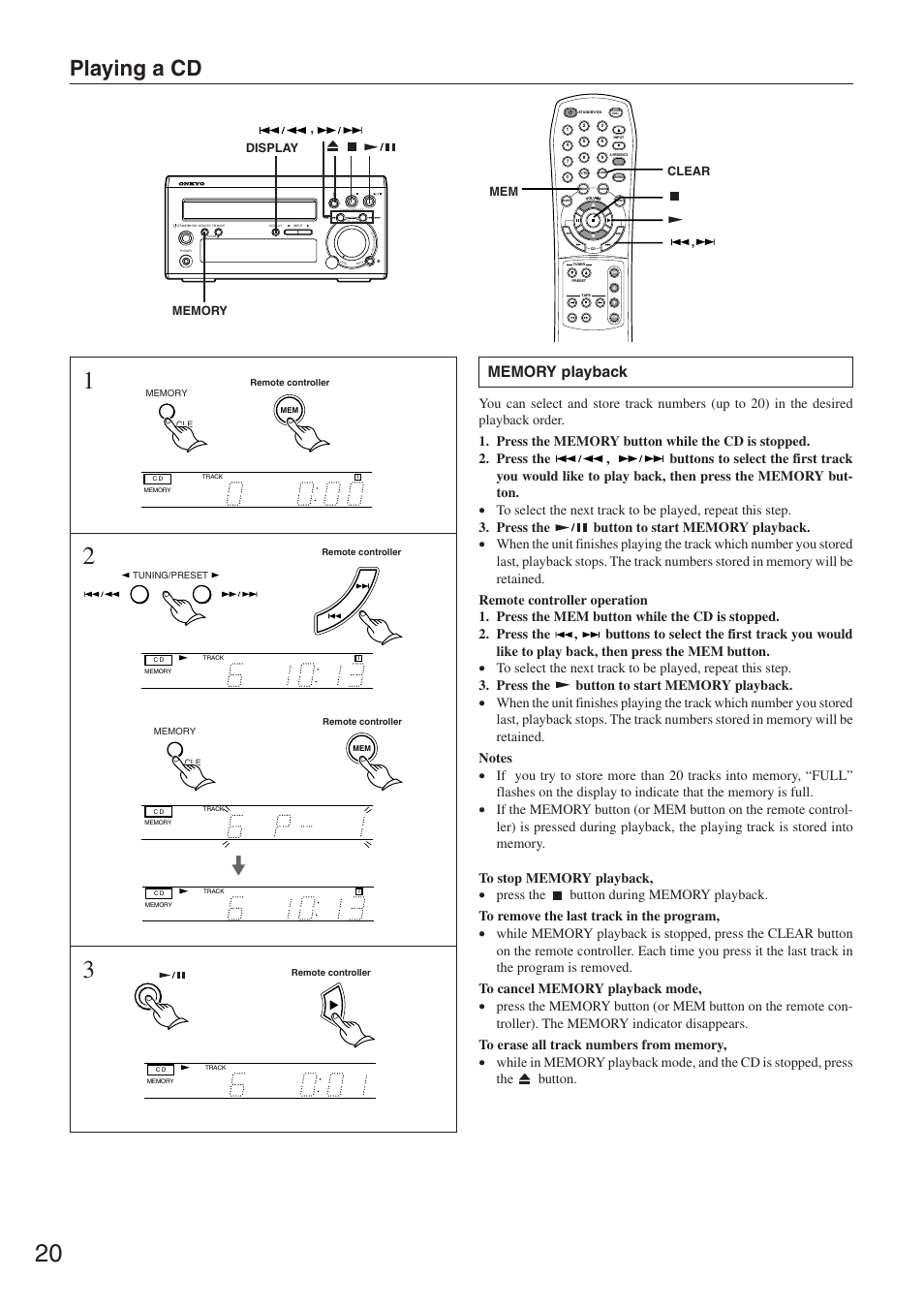 Playing a cd, Display, Clear | Onkyo CR-305FX User Manual | Page 20 / 36