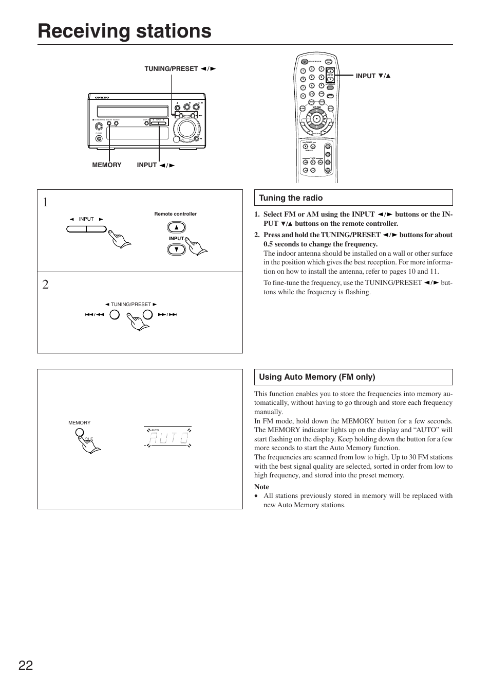 Receiving stations, Tuning the radio, Tuning/preset input | Input | Onkyo CR-305FX User Manual | Page 22 / 36