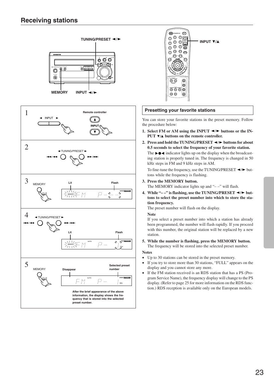 Receiving stations, Presetting your favorite stations, Tuning/preset input | Onkyo CR-305FX User Manual | Page 23 / 36