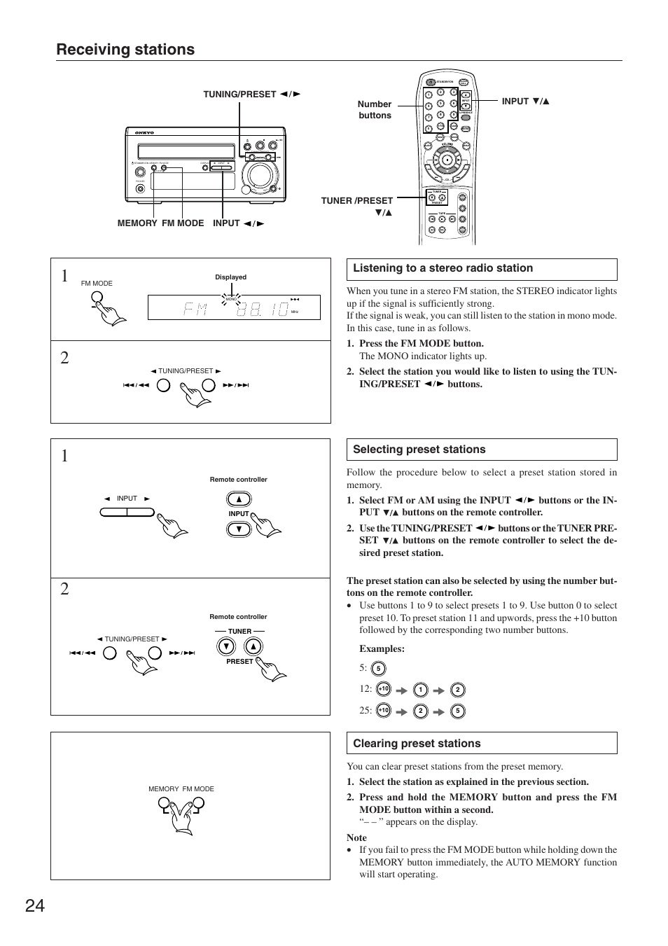 Receiving stations, Listening to a stereo radio station, Selecting preset stations | Clearing preset stations | Onkyo CR-305FX User Manual | Page 24 / 36