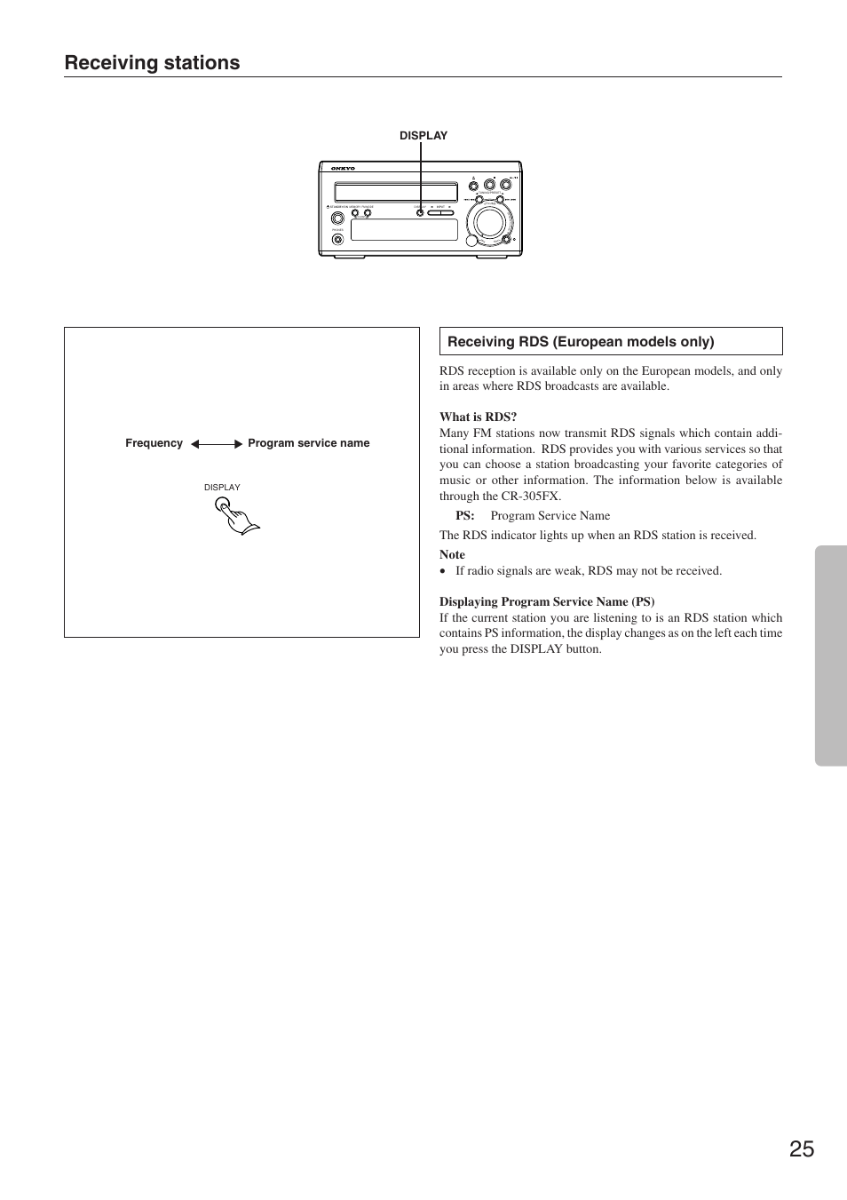 Receiving stations, Receiving rds (european models only), Frequency program service name | Display | Onkyo CR-305FX User Manual | Page 25 / 36