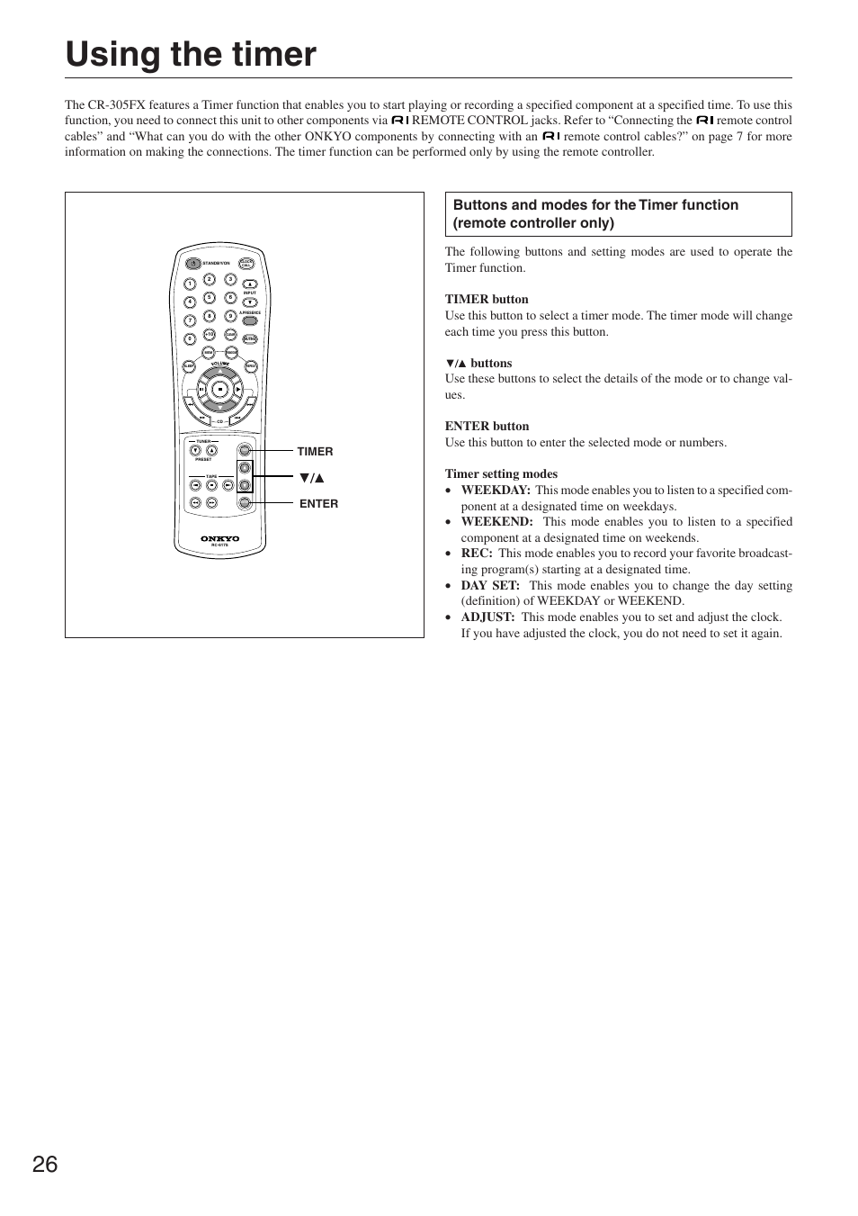 Using the timer | Onkyo CR-305FX User Manual | Page 26 / 36