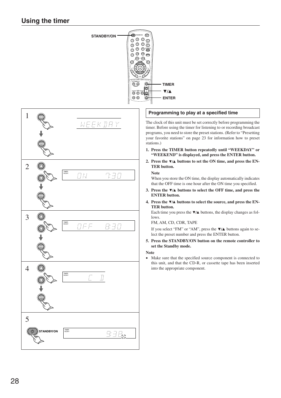 Using the timer, Programming to play at a specified time | Onkyo CR-305FX User Manual | Page 28 / 36