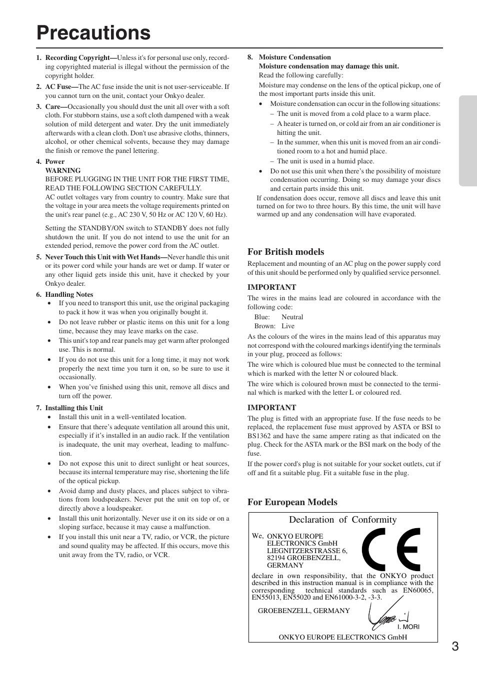 Precautions, Declaration of conformity, For british models | For european models | Onkyo CR-305FX User Manual | Page 3 / 36