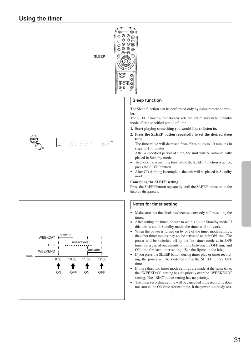 Using the timer, Sleep function | Onkyo CR-305FX User Manual | Page 31 / 36