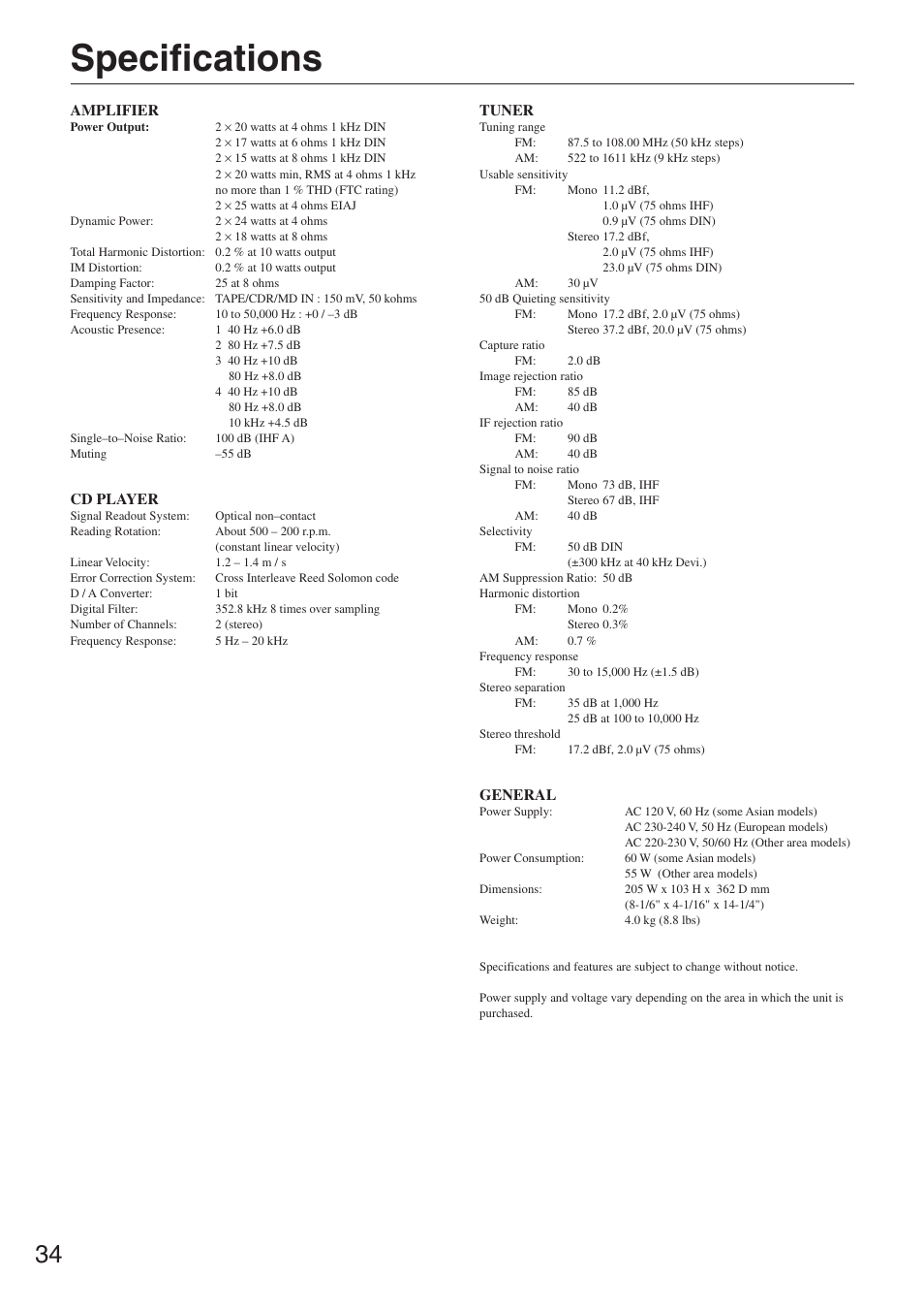 Specifications, Amplifier, Cd player | Tuner, General | Onkyo CR-305FX User Manual | Page 34 / 36