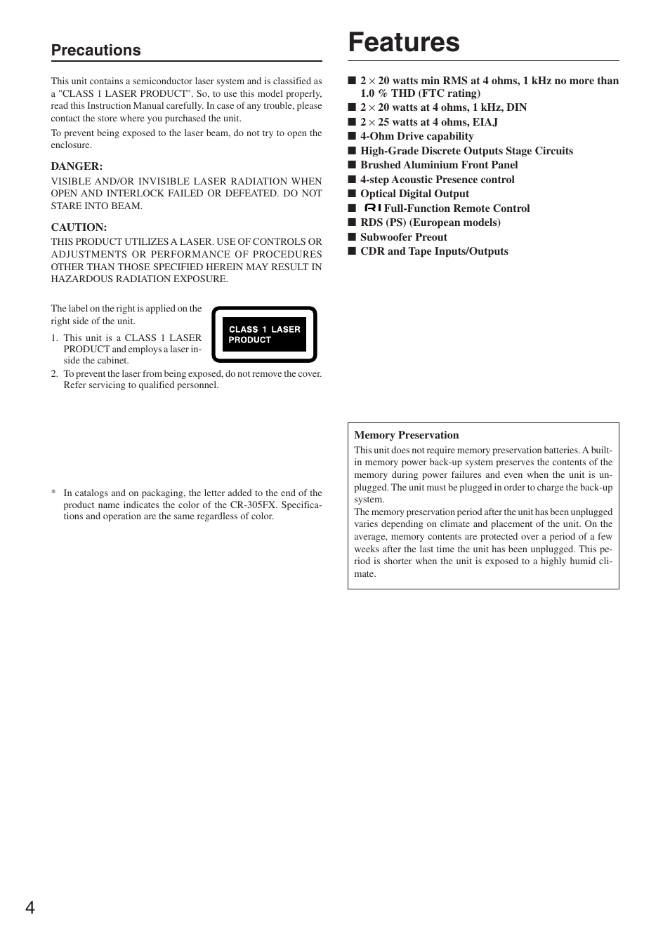 Features, Precautions | Onkyo CR-305FX User Manual | Page 4 / 36