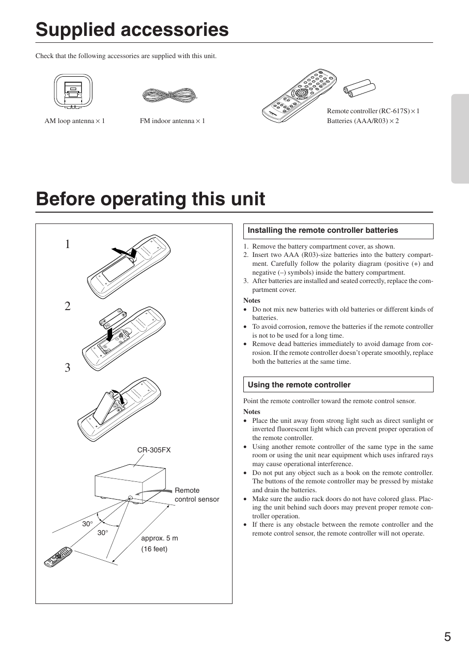 Supplied accessories, Before operating this unit | Onkyo CR-305FX User Manual | Page 5 / 36