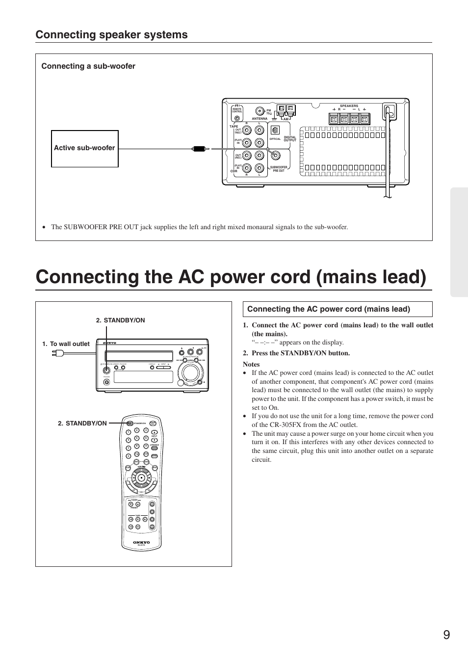 Connecting the ac power cord (mains lead), Connecting speaker systems, Connecting a sub-woofer | Active sub-woofer | Onkyo CR-305FX User Manual | Page 9 / 36