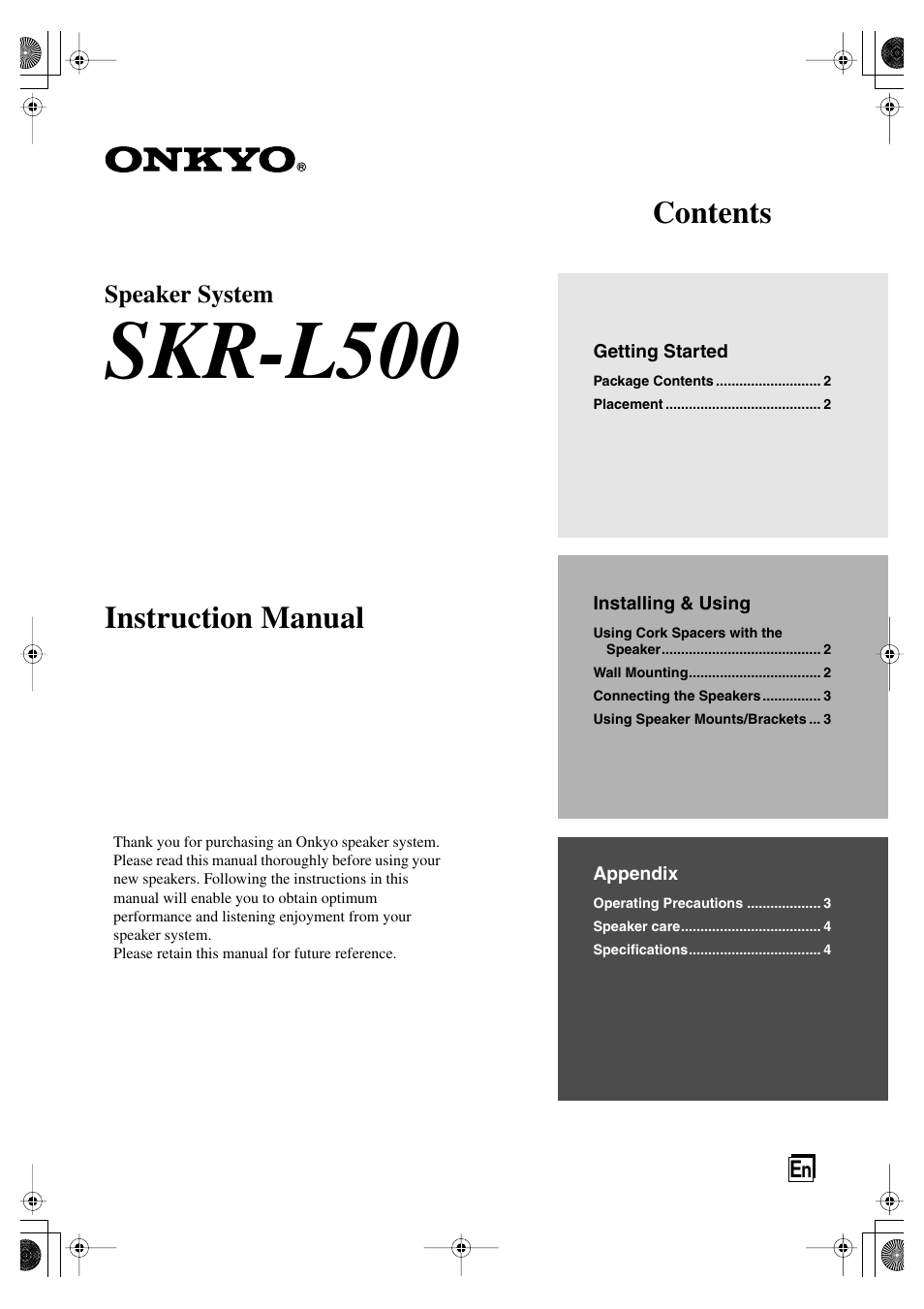Onkyo SKR-L500 User Manual | 4 pages