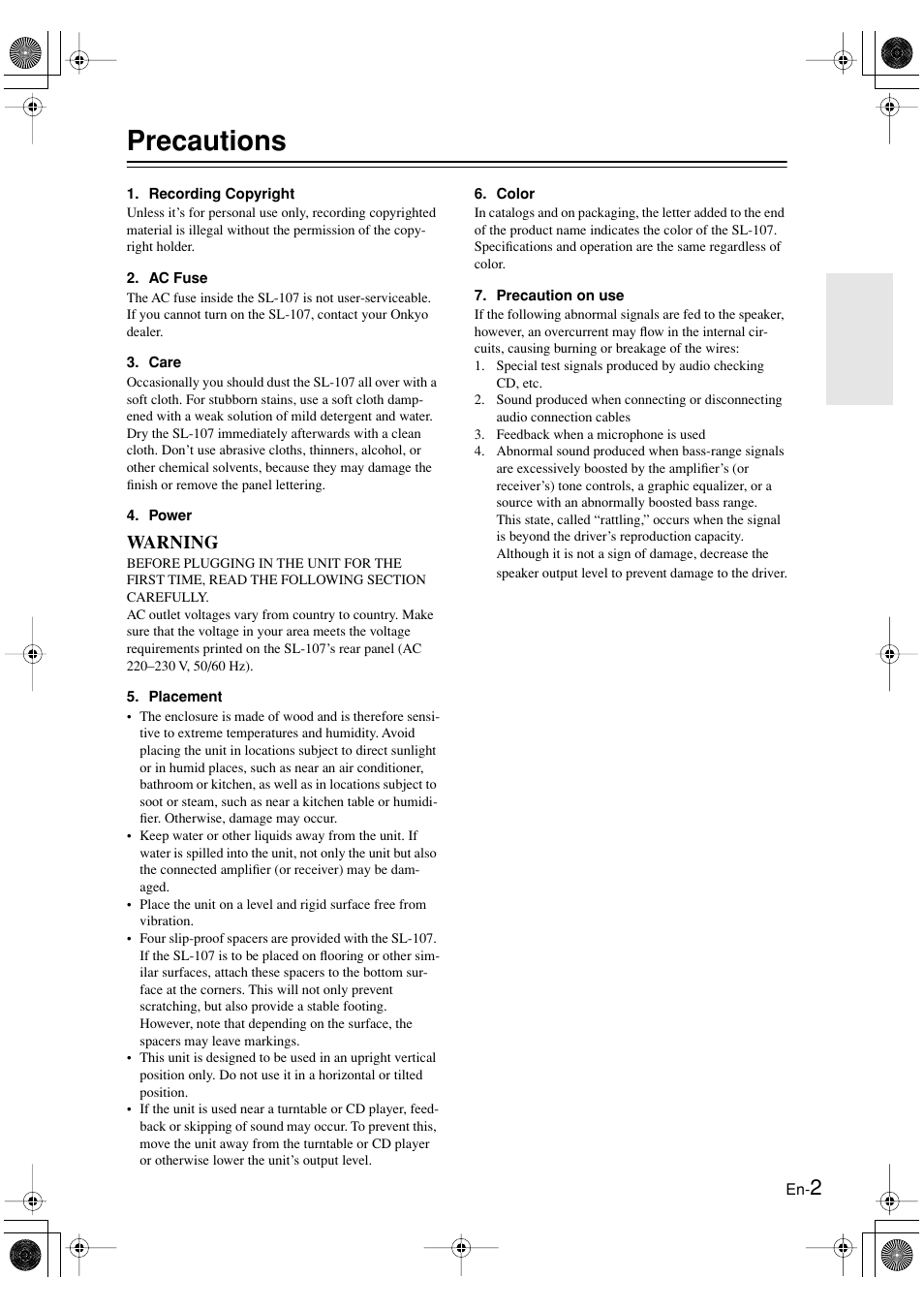 Precautions, Warning | Onkyo SL-107 User Manual | Page 3 / 12