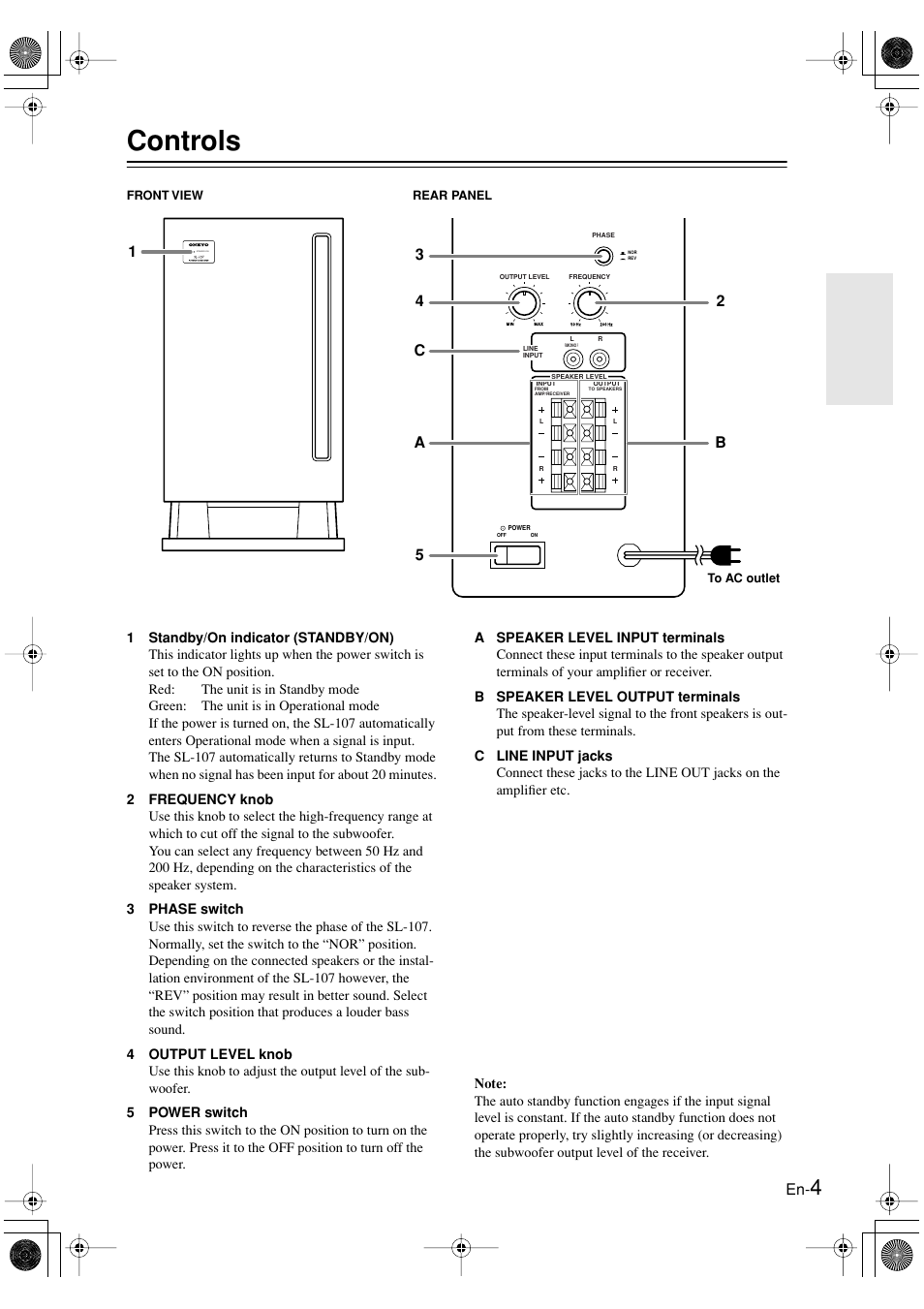 Controls, 2b 4 c 5 a 3 | Onkyo SL-107 User Manual | Page 5 / 12