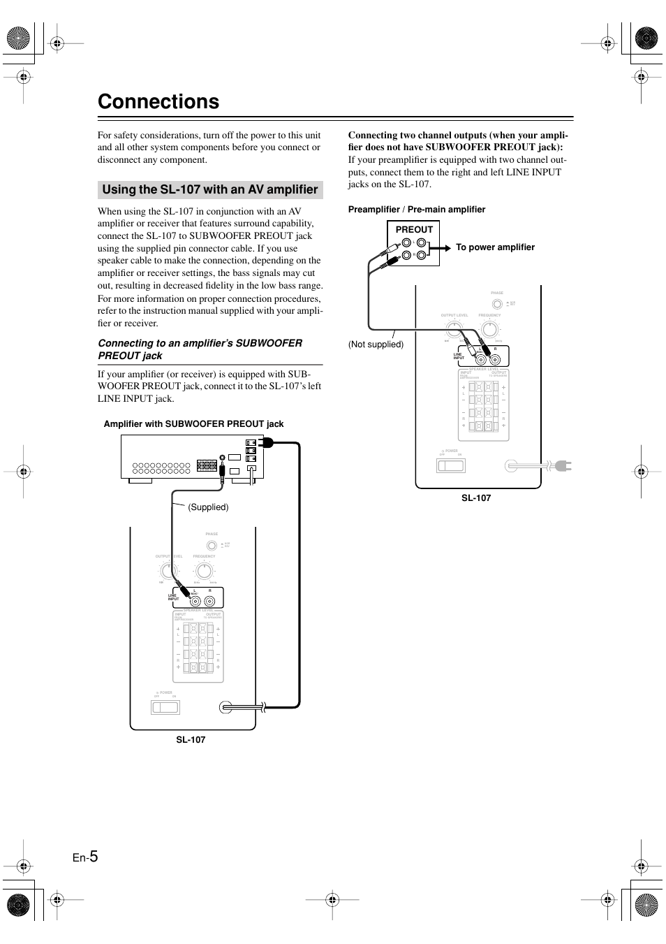 Connections, Using the sl-107 with an av amplifier | Onkyo SL-107 User Manual | Page 6 / 12