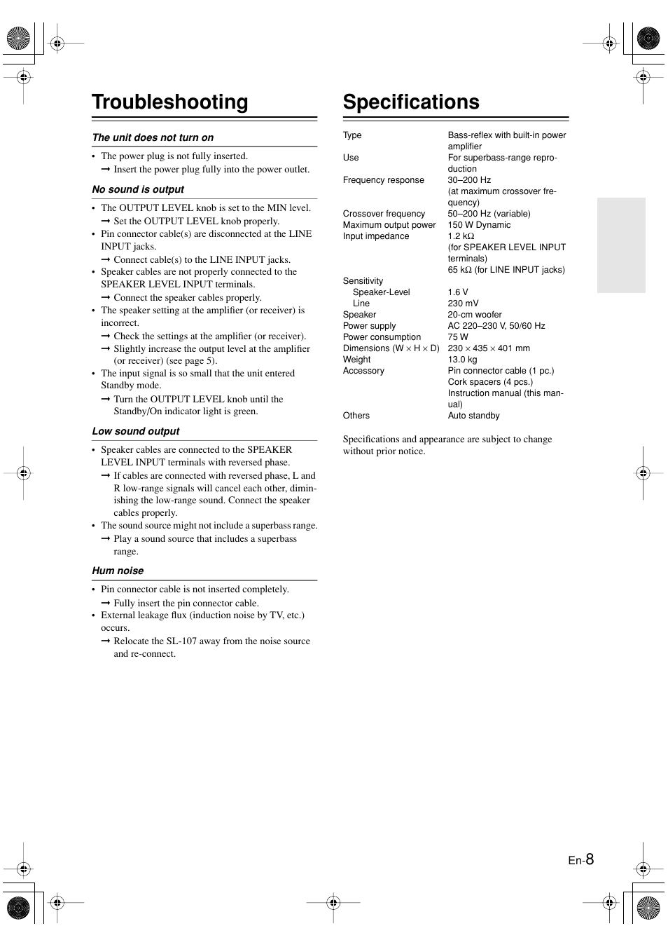 Troubleshooting, Specifications | Onkyo SL-107 User Manual | Page 9 / 12