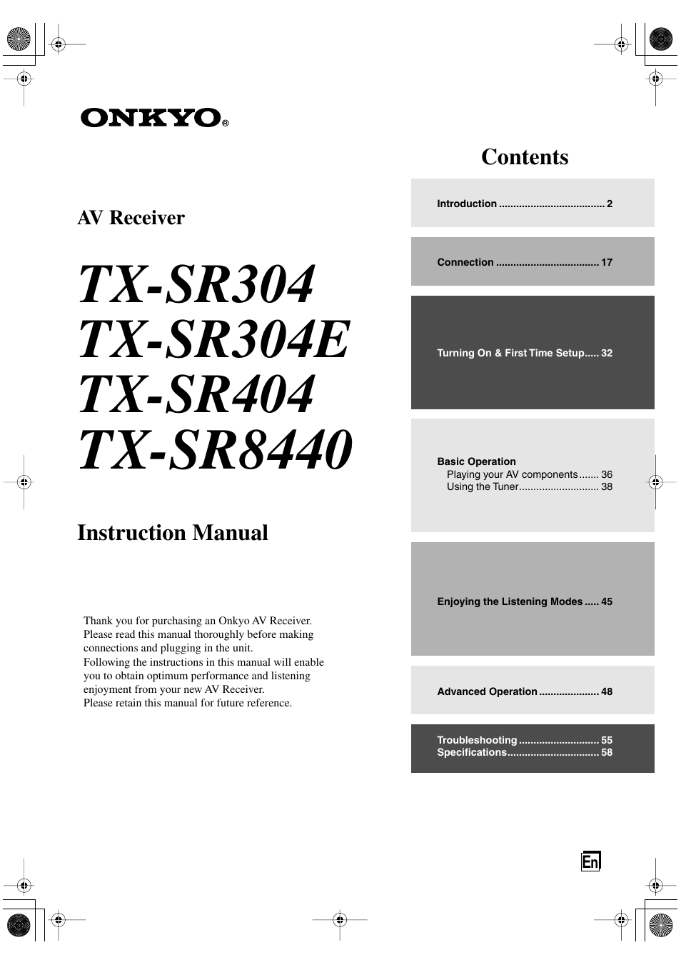 Onkyo TX-SR404 User Manual | 60 pages