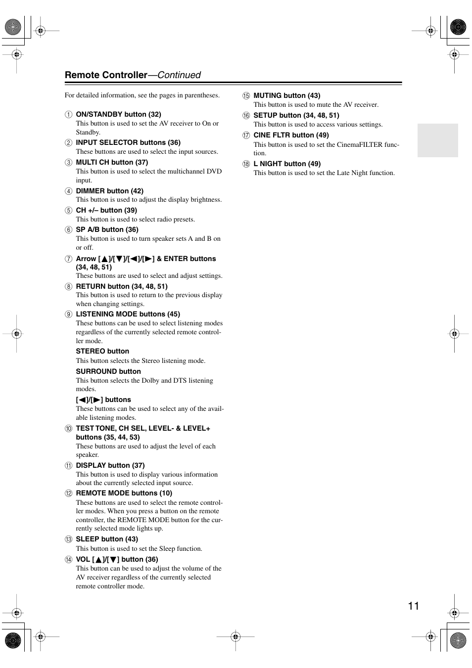 Remote controller —continued | Onkyo TX-SR404 User Manual | Page 11 / 60