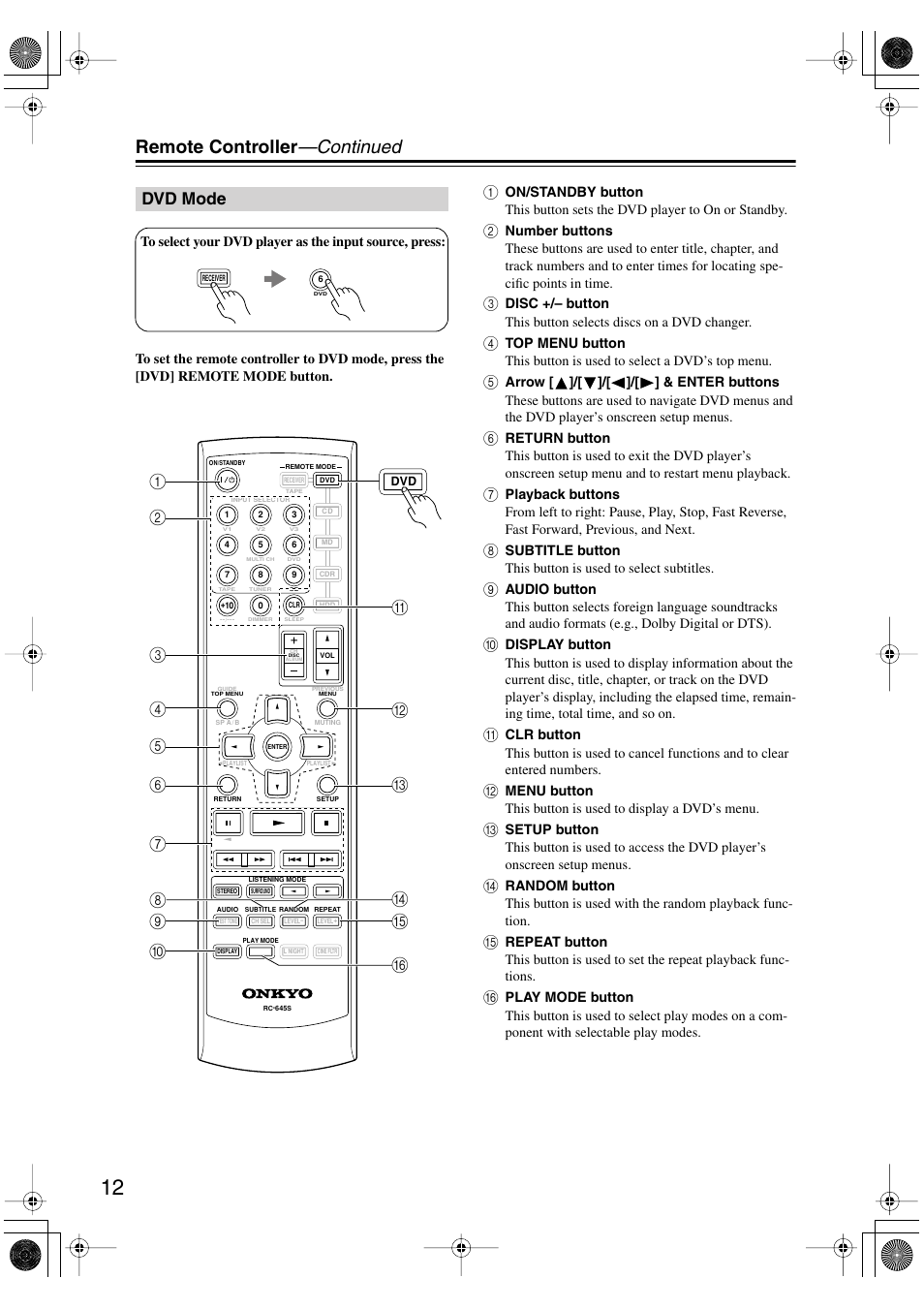 Remote controller —continued, Dvd mode | Onkyo TX-SR404 User Manual | Page 12 / 60