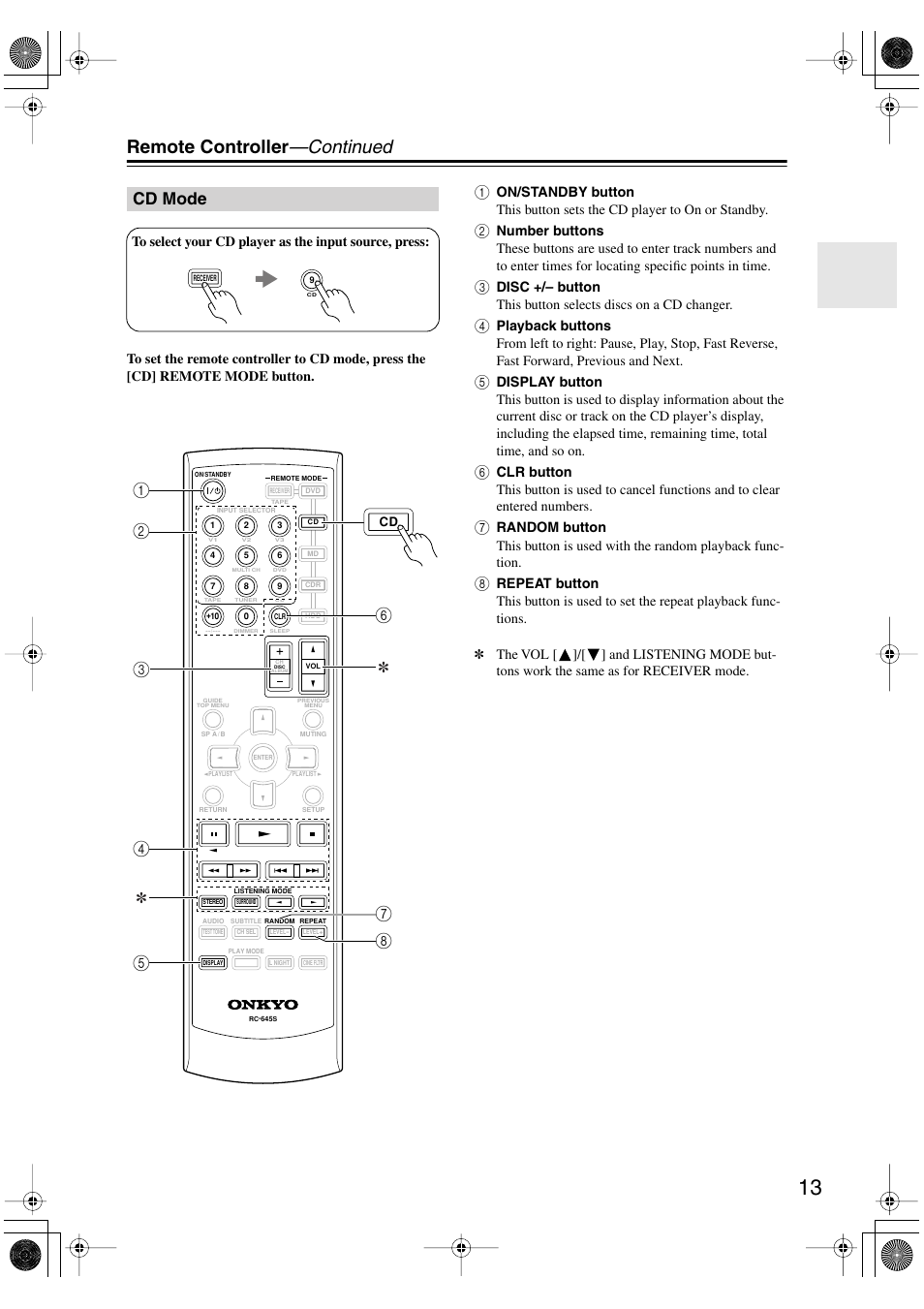 Remote controller —continued, Cd mode | Onkyo TX-SR404 User Manual | Page 13 / 60