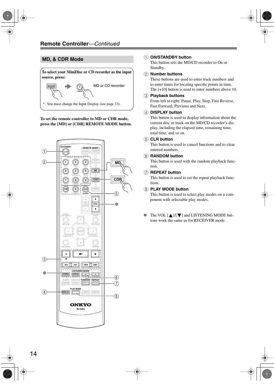 Remote controller —continued, Md, & cdr mode | Onkyo TX-SR404 User Manual | Page 14 / 60