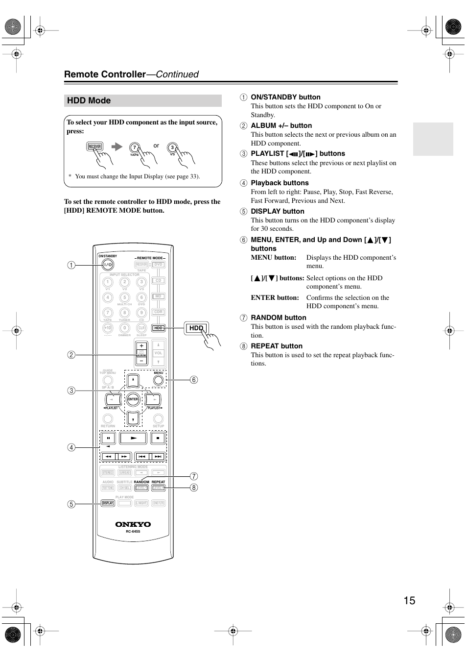 Remote controller —continued, Hdd mode | Onkyo TX-SR404 User Manual | Page 15 / 60
