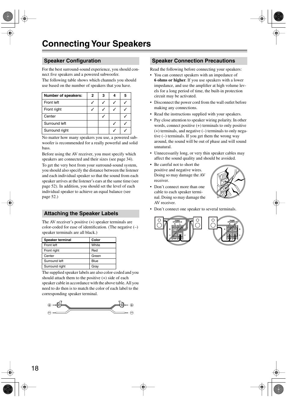 Connecting your speakers, Speaker configuration, Attaching the speaker labels | Speaker connection precautions | Onkyo TX-SR404 User Manual | Page 18 / 60