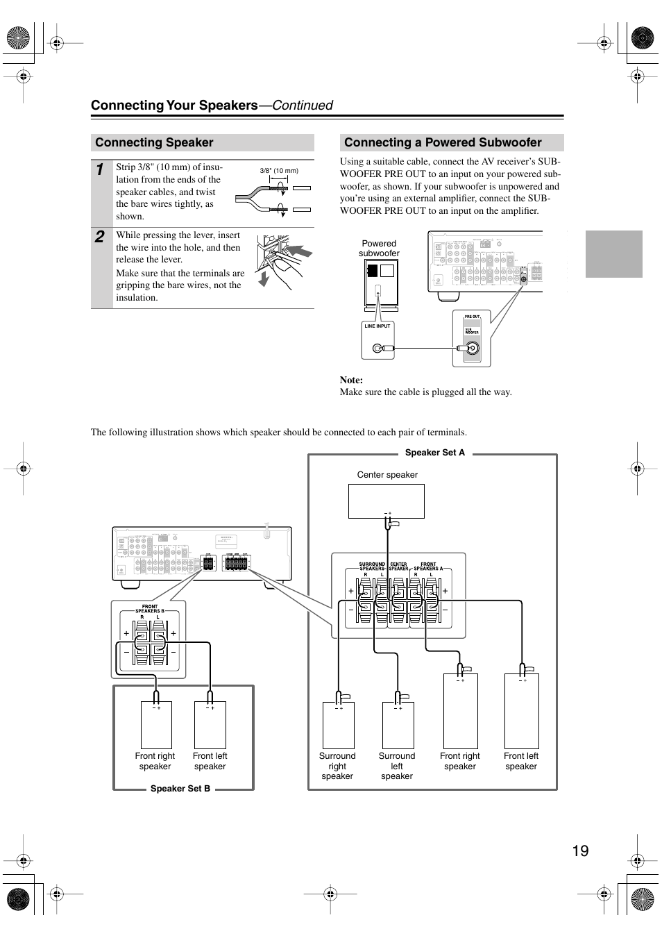 Connecting your speakers —continued | Onkyo TX-SR404 User Manual | Page 19 / 60