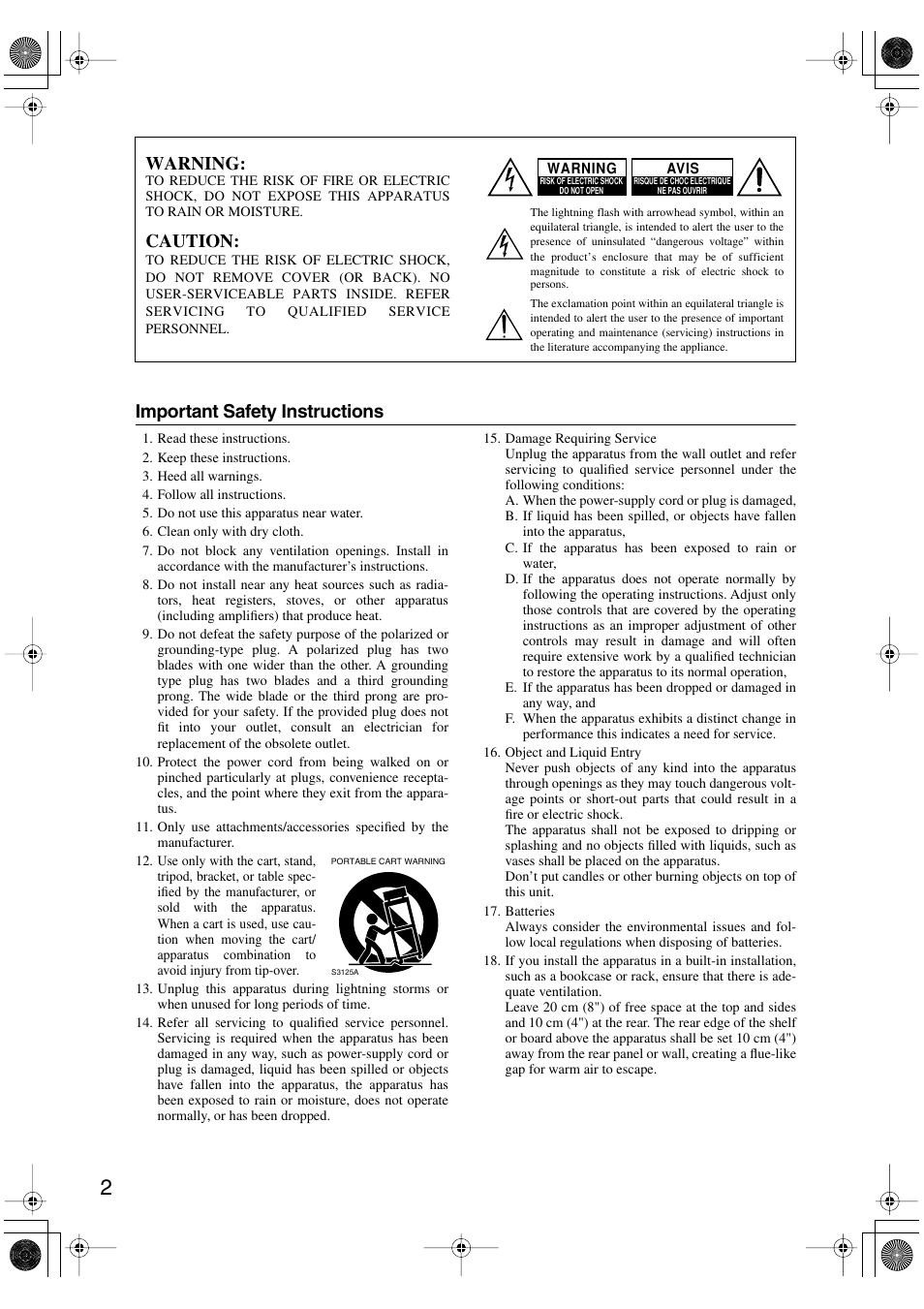 Important safety instructions, Warning, Caution | Onkyo TX-SR404 User Manual | Page 2 / 60
