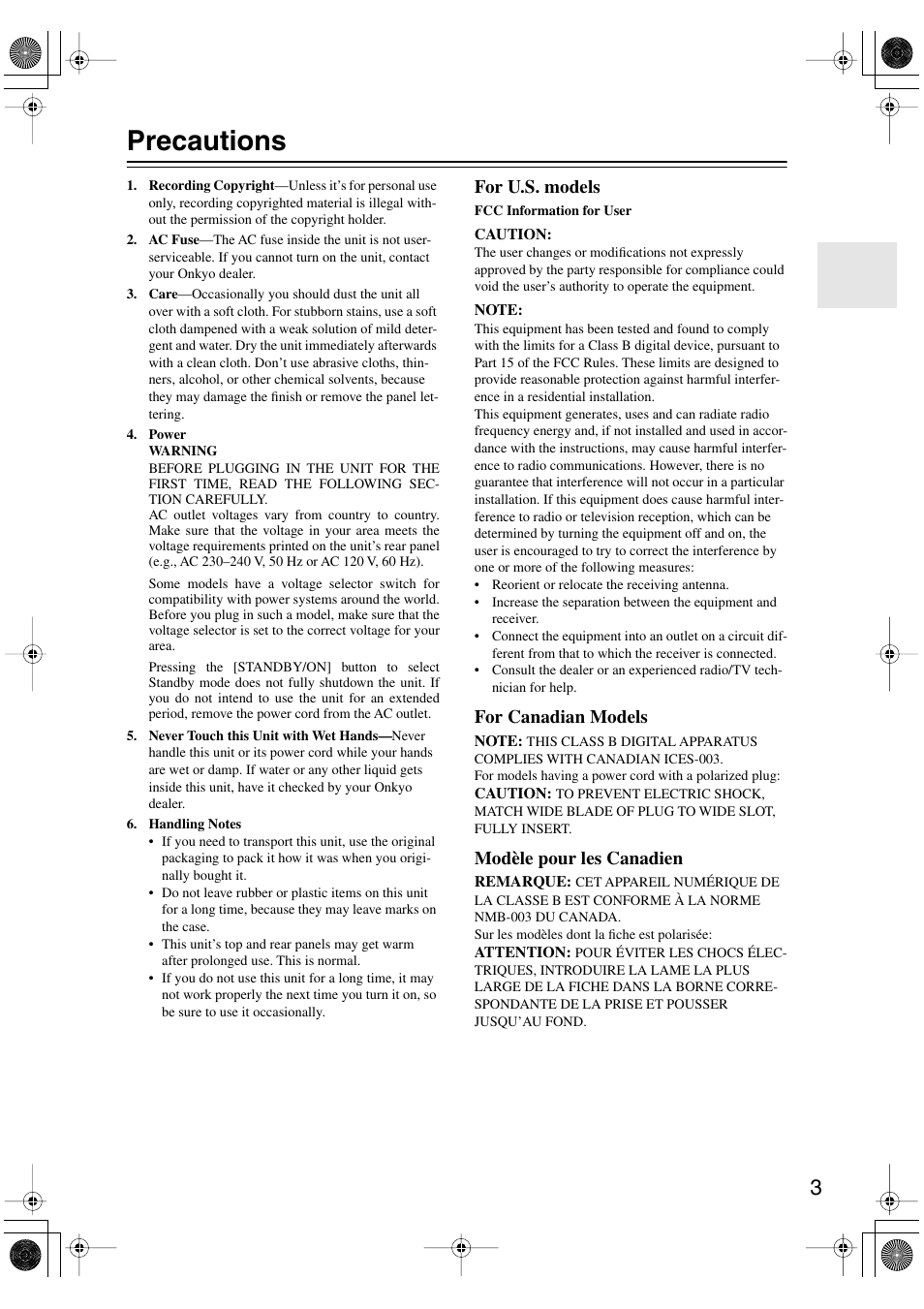 Precautions, For u.s. models, For canadian models | Modèle pour les canadien | Onkyo TX-SR404 User Manual | Page 3 / 60