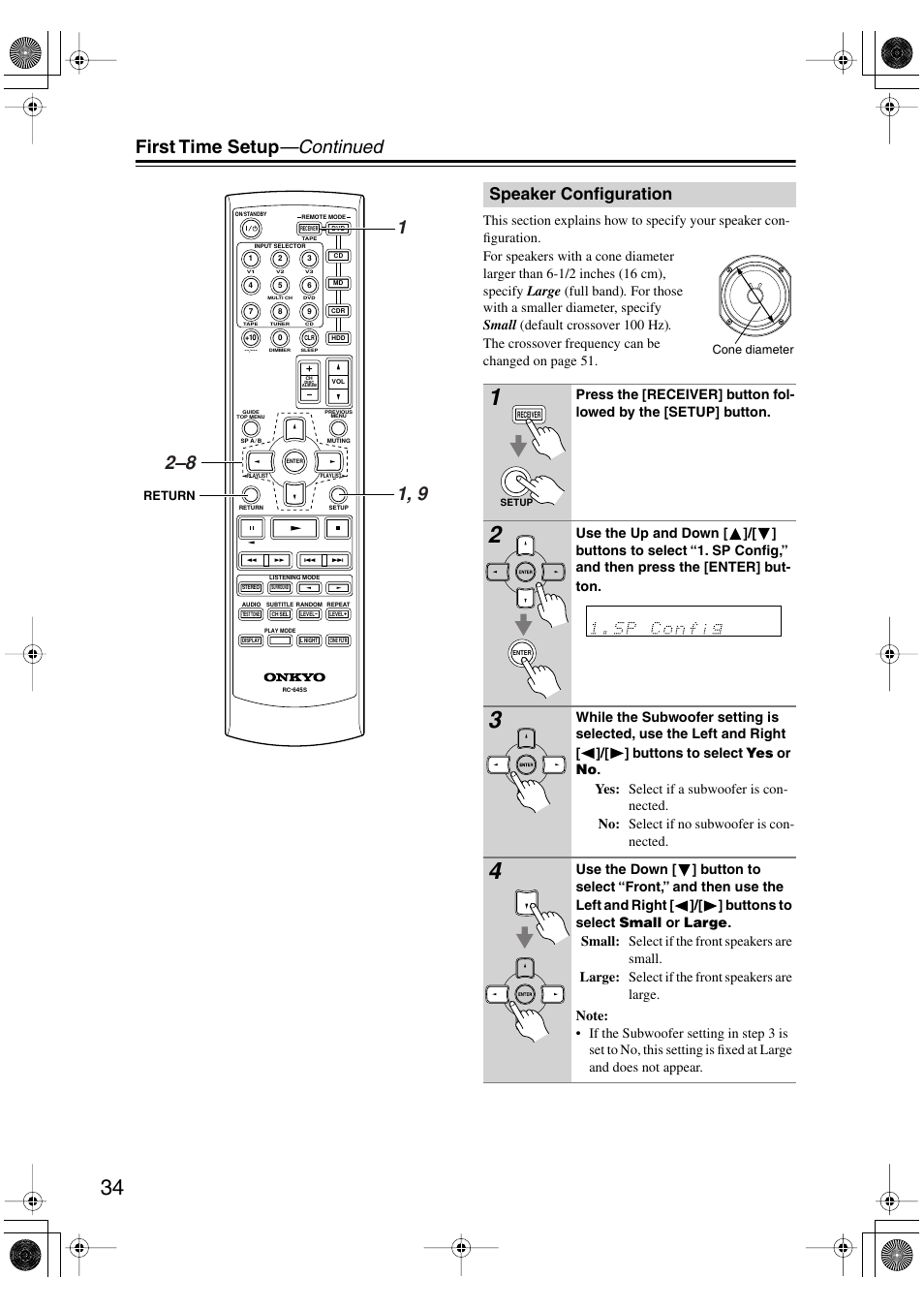 First time setup —continued, Speaker configuration | Onkyo TX-SR404 User Manual | Page 34 / 60