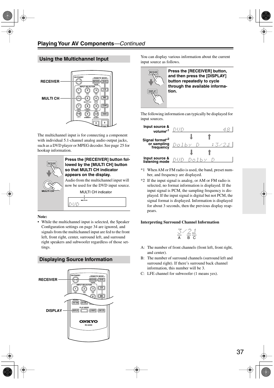 Playing your av components —continued, Using the multichannel input, Displaying source information | Onkyo TX-SR404 User Manual | Page 37 / 60