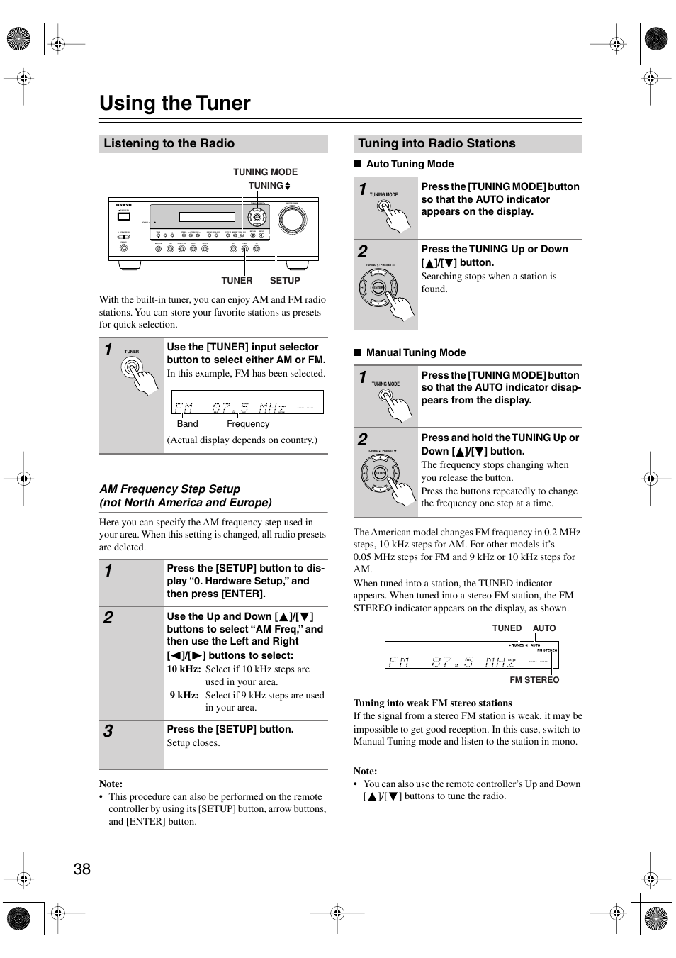 Using the tuner | Onkyo TX-SR404 User Manual | Page 38 / 60