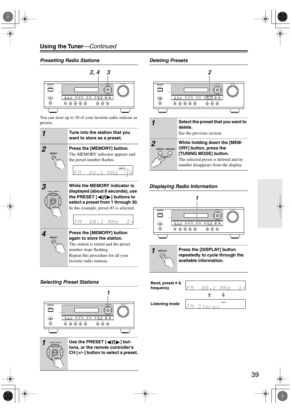Using the tuner —continued | Onkyo TX-SR404 User Manual | Page 39 / 60