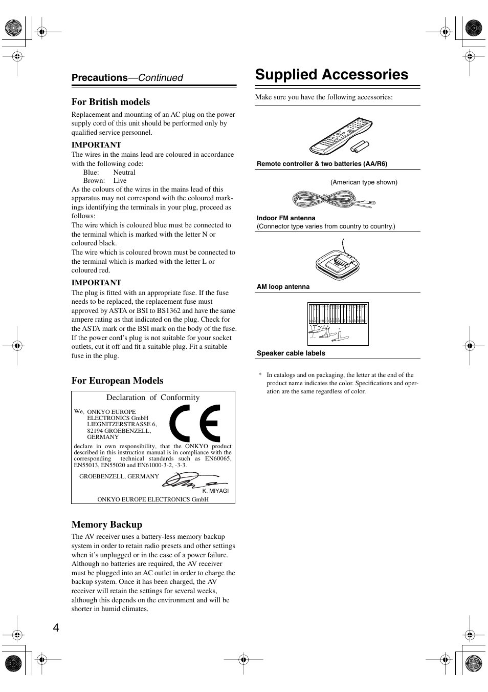 Supplied accessories, Precautions —continued for british models, Important | Declaration of conformity, Make sure you have the following accessories, Speaker cable, Speaker cable labels, American type shown), K. miyagi | Onkyo TX-SR404 User Manual | Page 4 / 60