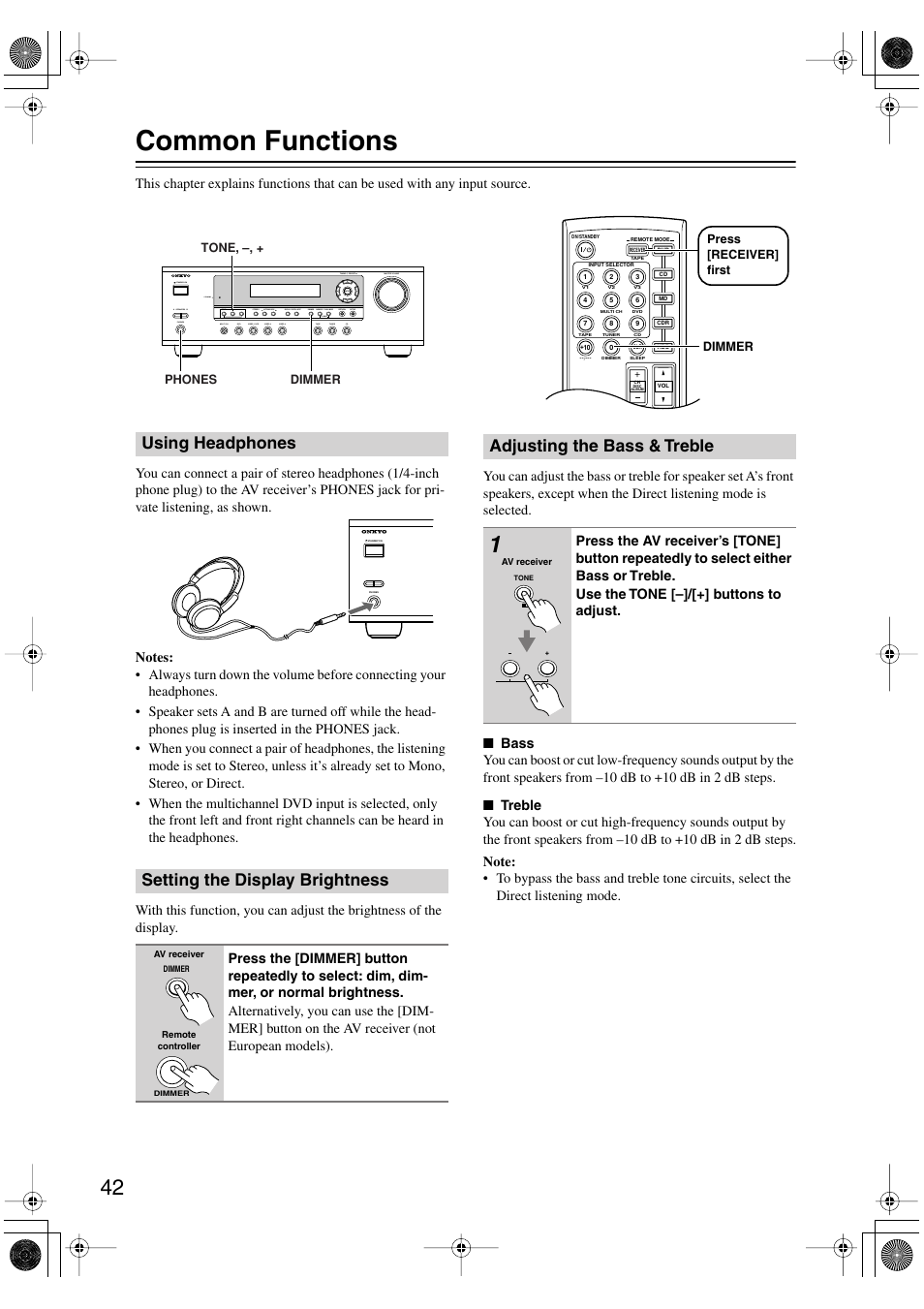 Common functions, Using headphones setting the display brightness, Adjusting the bass & treble | Onkyo TX-SR404 User Manual | Page 42 / 60