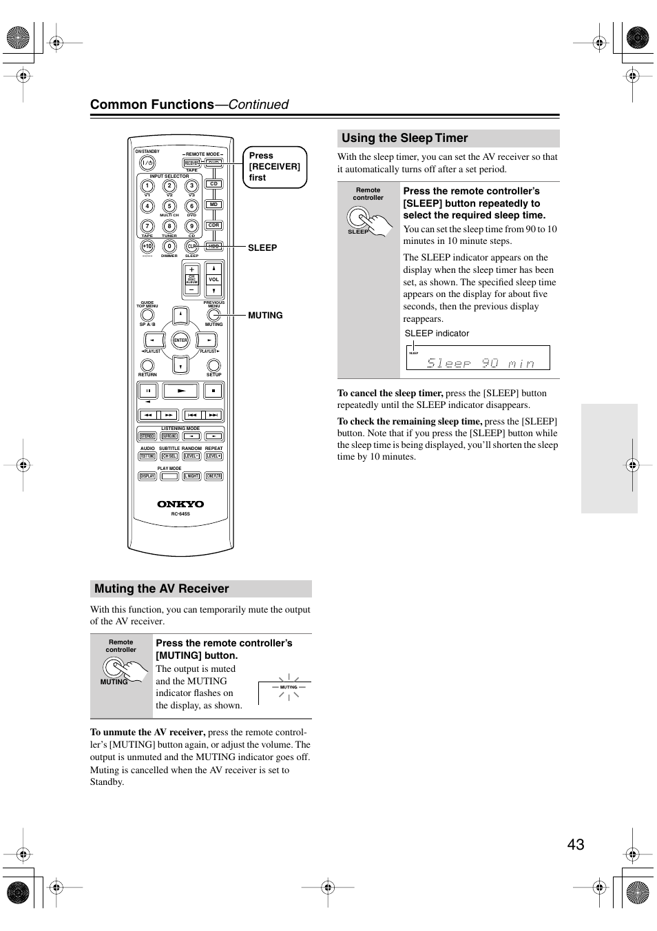 Common functions —continued, Muting the av receiver, Using the sleep timer | Onkyo TX-SR404 User Manual | Page 43 / 60