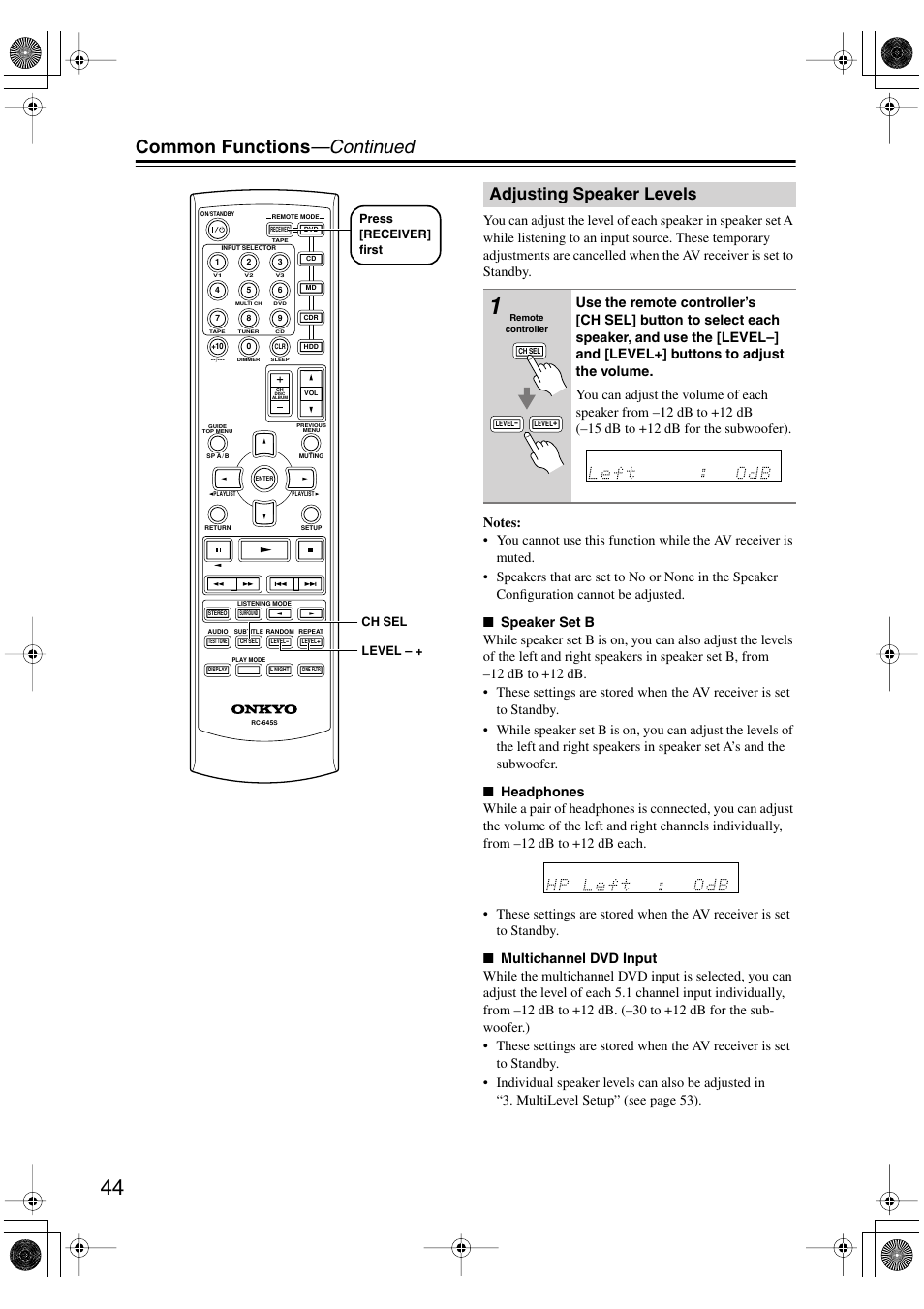 Common functions —continued, Adjusting speaker levels | Onkyo TX-SR404 User Manual | Page 44 / 60