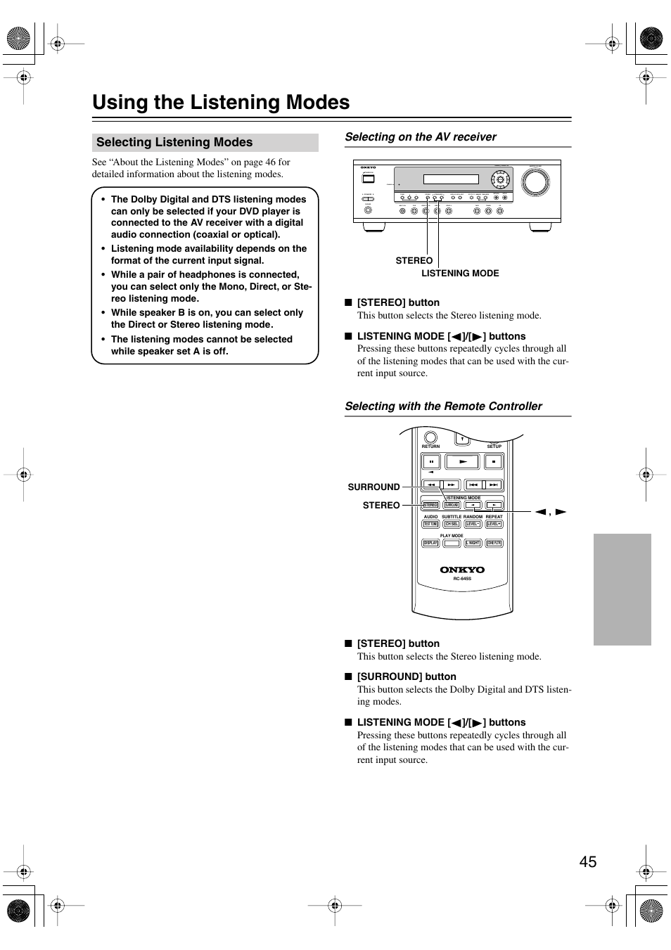 Using the listening modes, Selecting listening modes | Onkyo TX-SR404 User Manual | Page 45 / 60