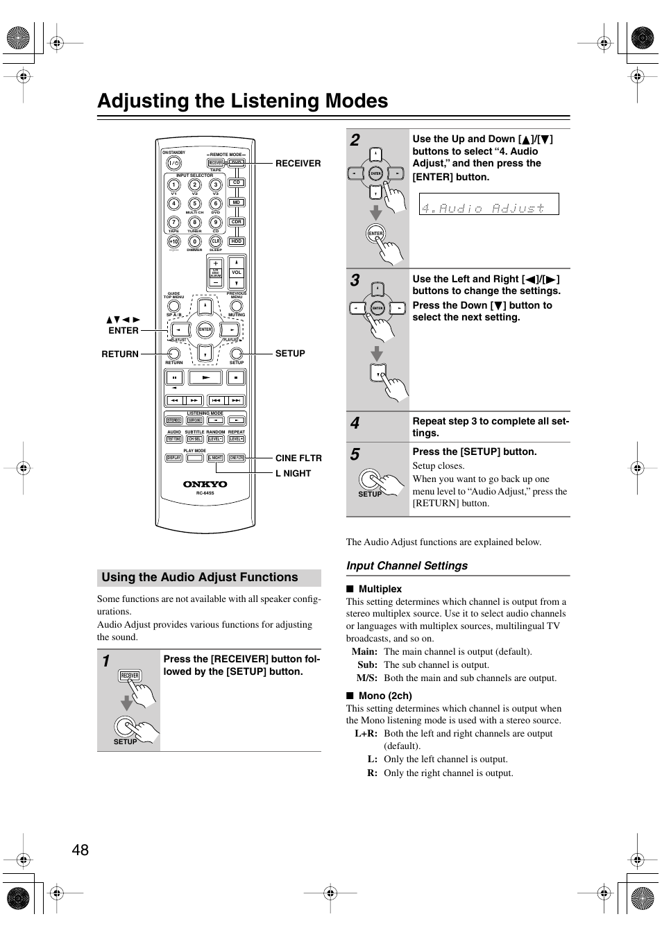 Adjusting the listening modes, Using the audio adjust functions, Input channel settings | Onkyo TX-SR404 User Manual | Page 48 / 60