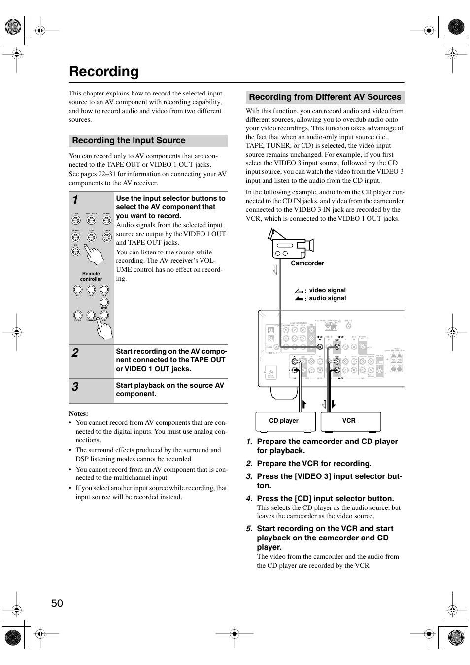 Recording, Recording the input source, Recording from different av sources | Onkyo TX-SR404 User Manual | Page 50 / 60
