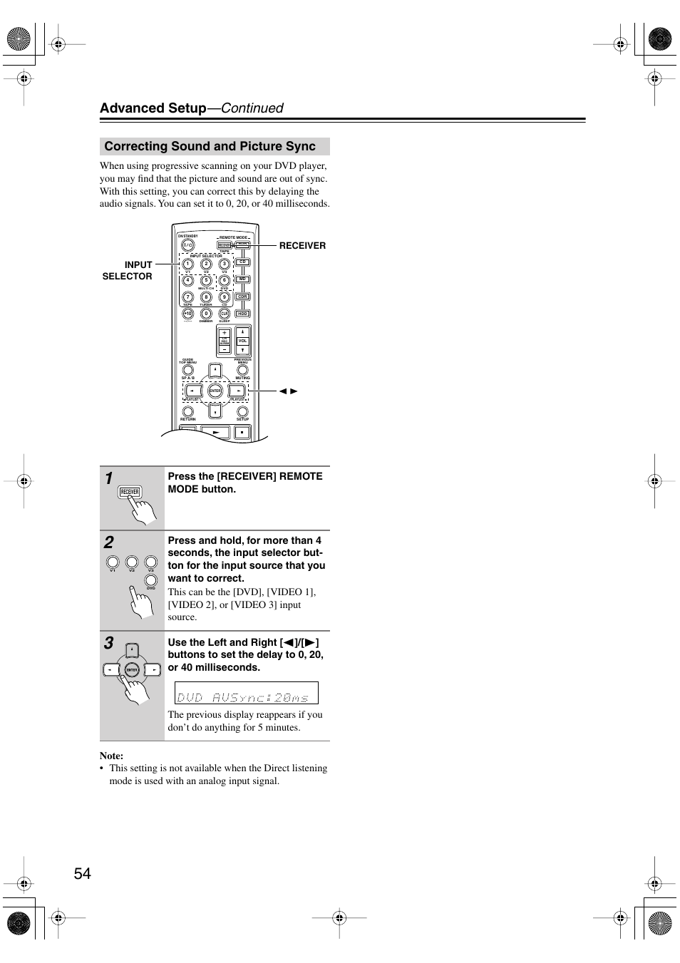 Advanced setup —continued, Correcting sound and picture sync, Press the [receiver] remote mode button | Onkyo TX-SR404 User Manual | Page 54 / 60