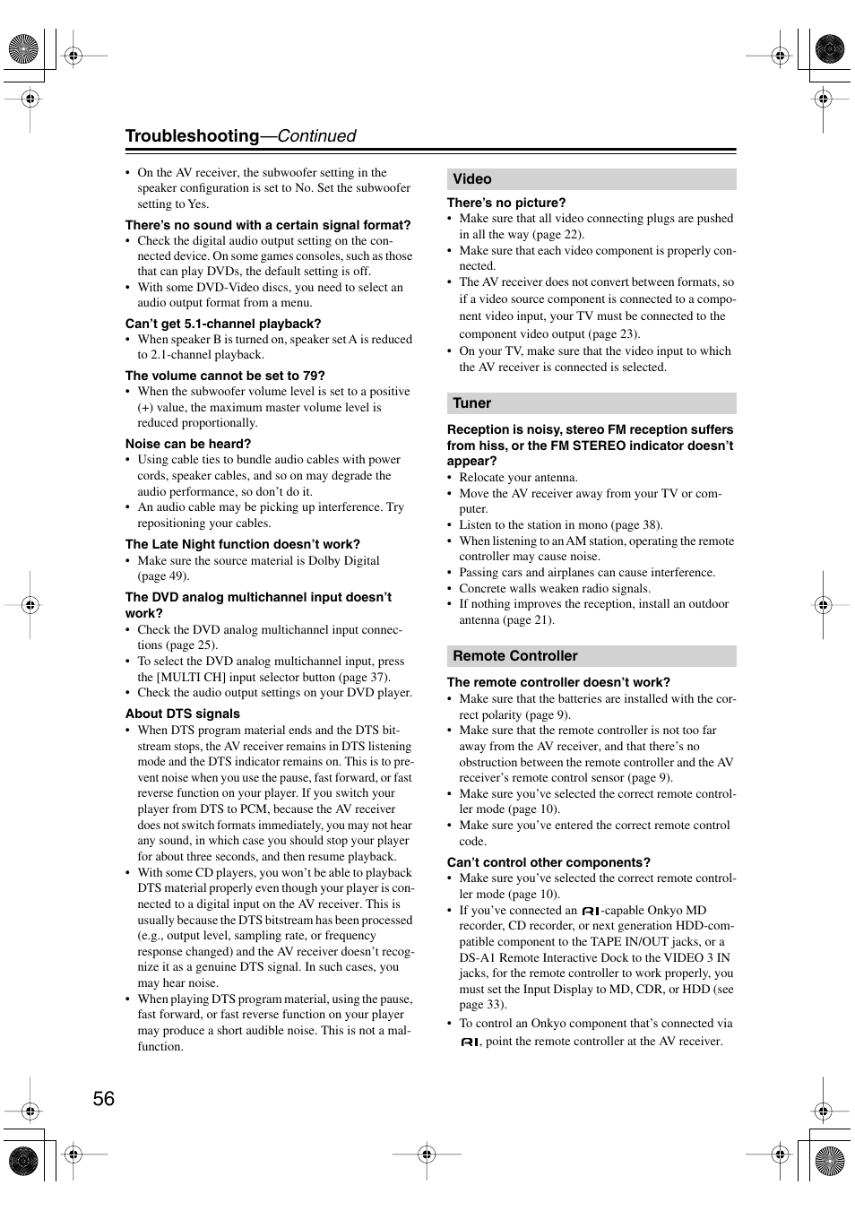 Troubleshooting —continued | Onkyo TX-SR404 User Manual | Page 56 / 60