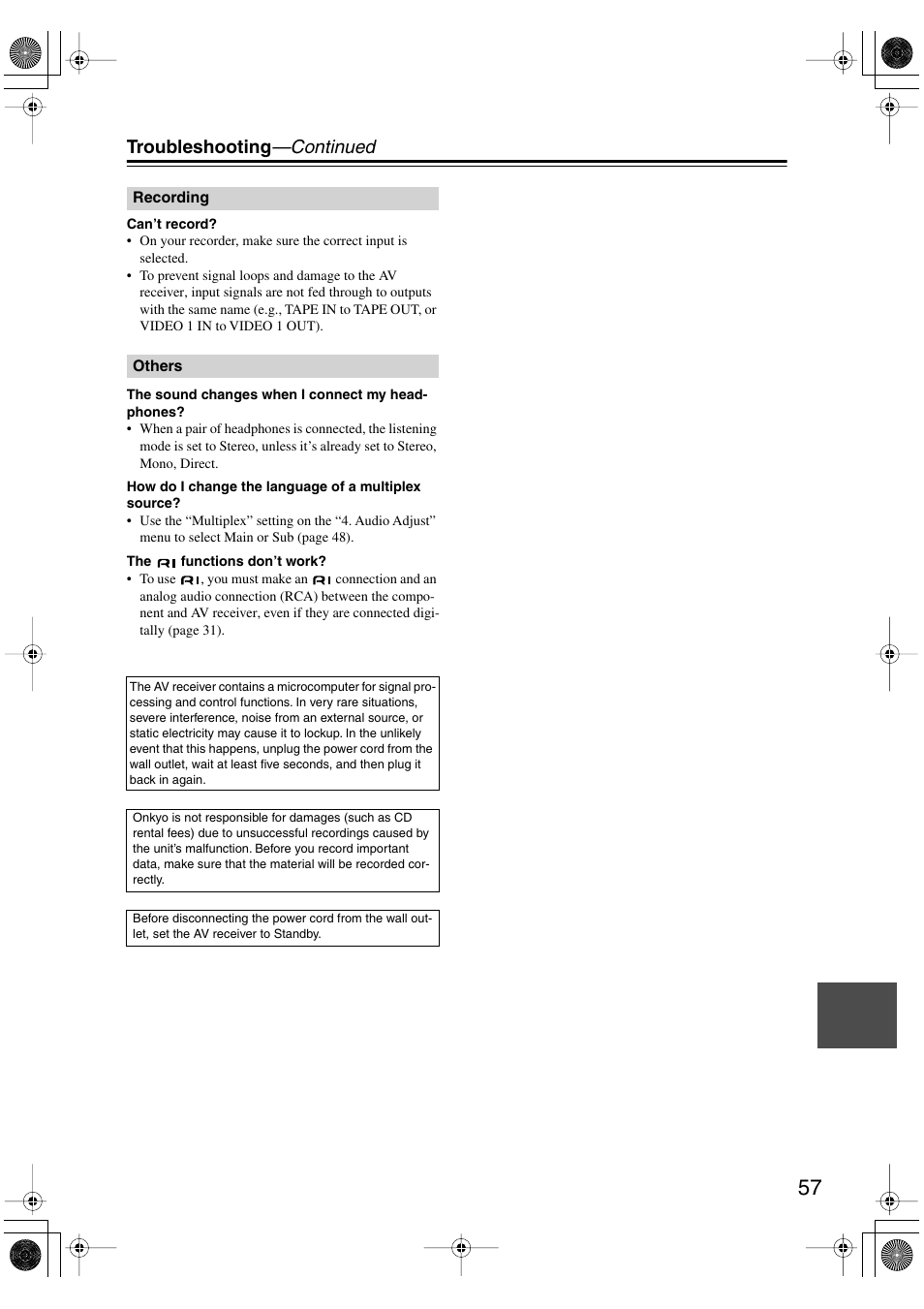 Troubleshooting —continued | Onkyo TX-SR404 User Manual | Page 57 / 60