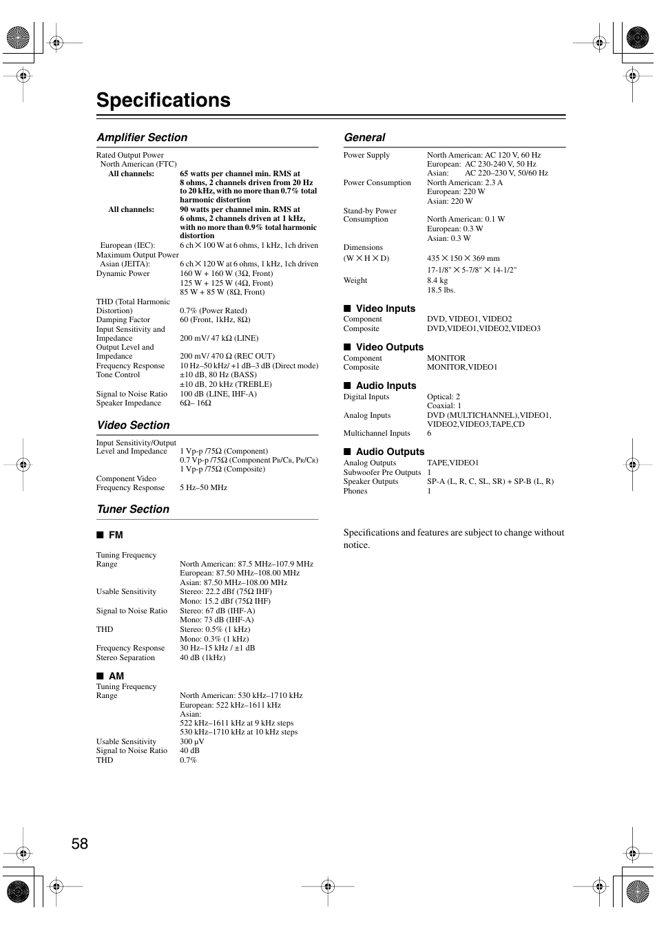 Specifications | Onkyo TX-SR404 User Manual | Page 58 / 60
