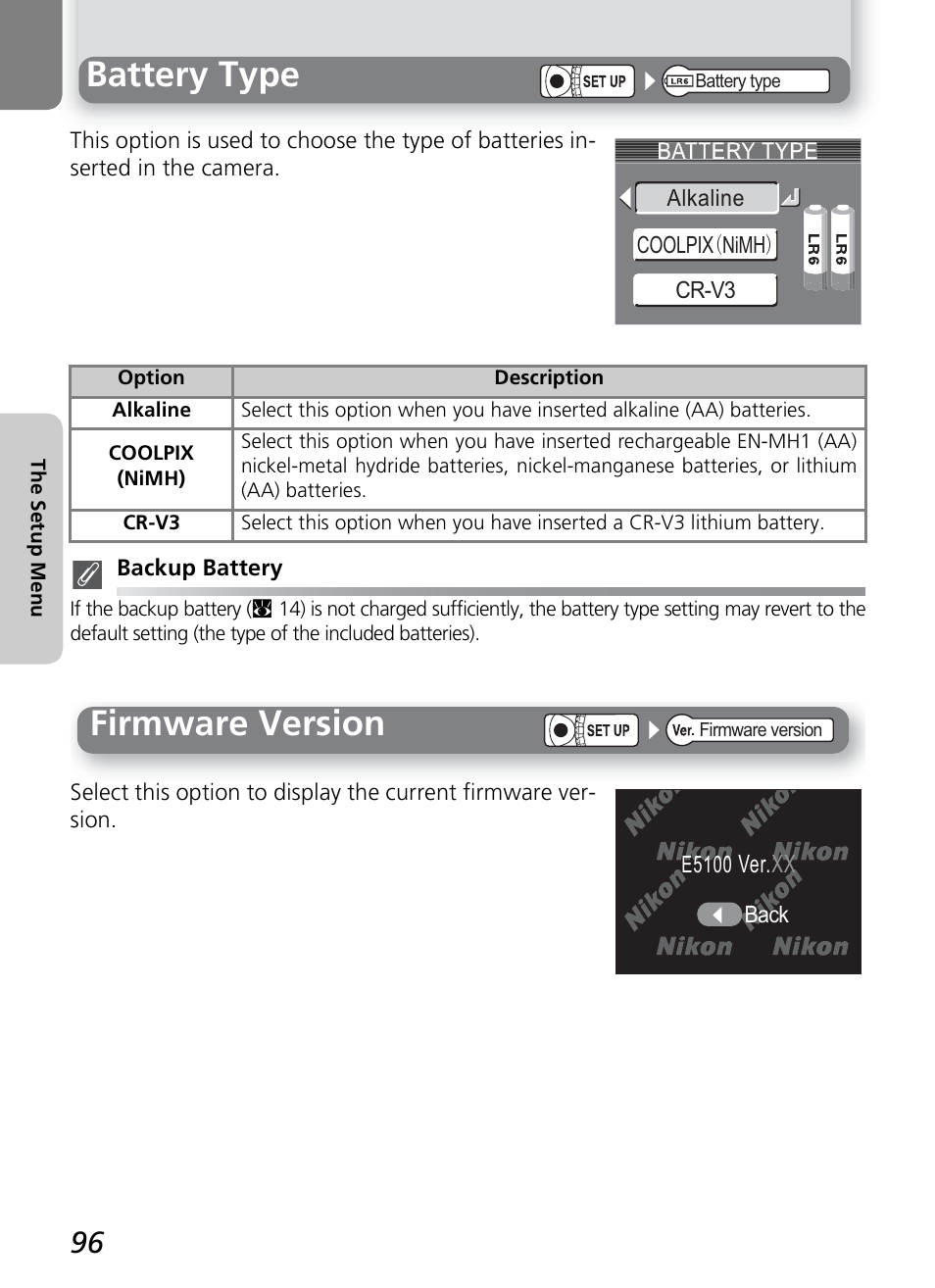 Battery type, Firmware version | Onkyo COOLPIX 5100 User Manual | Page 106 / 120