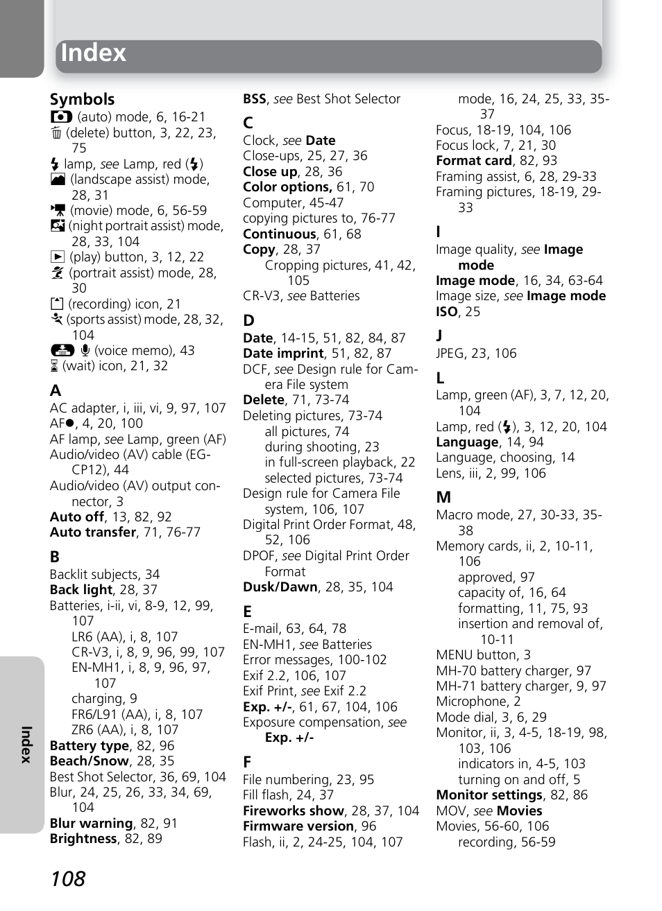 Index | Onkyo COOLPIX 5100 User Manual | Page 118 / 120