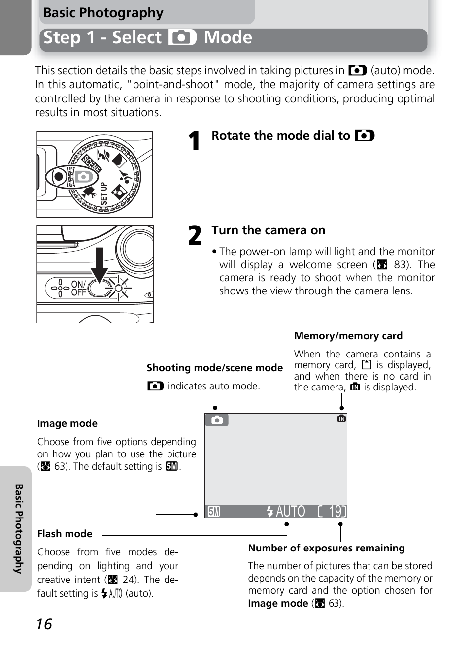 Step 1 - select p mode, Auto | Onkyo COOLPIX 5100 User Manual | Page 26 / 120