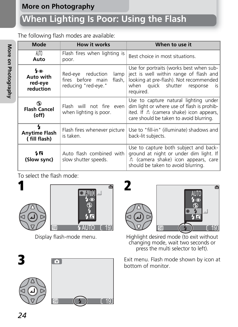 When lighting is poor: using the flash | Onkyo COOLPIX 5100 User Manual | Page 34 / 120