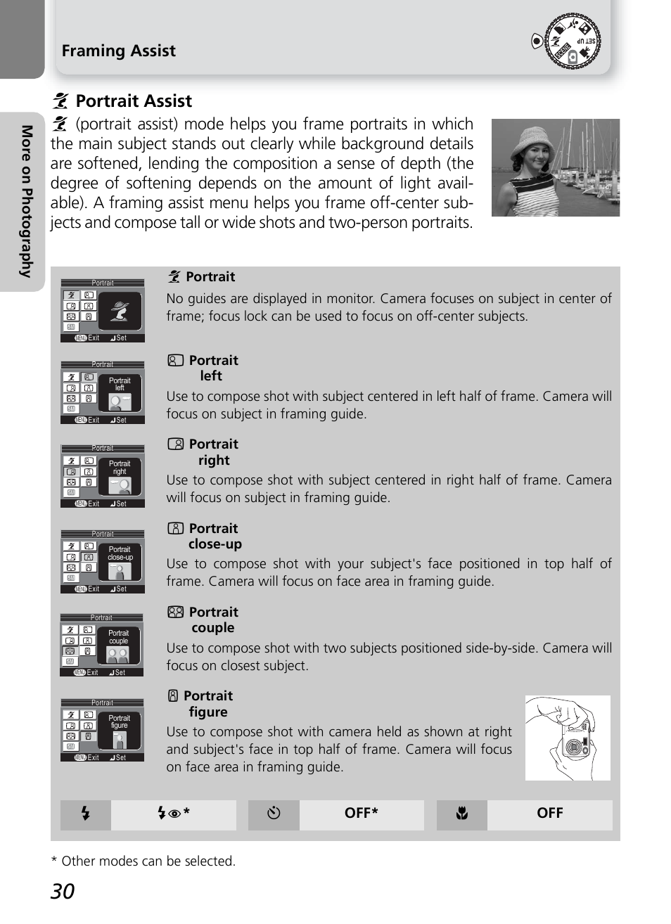 I portrait assist, Framing assist, Mo re on p hot ogra phy | Y off* & off | Onkyo COOLPIX 5100 User Manual | Page 40 / 120